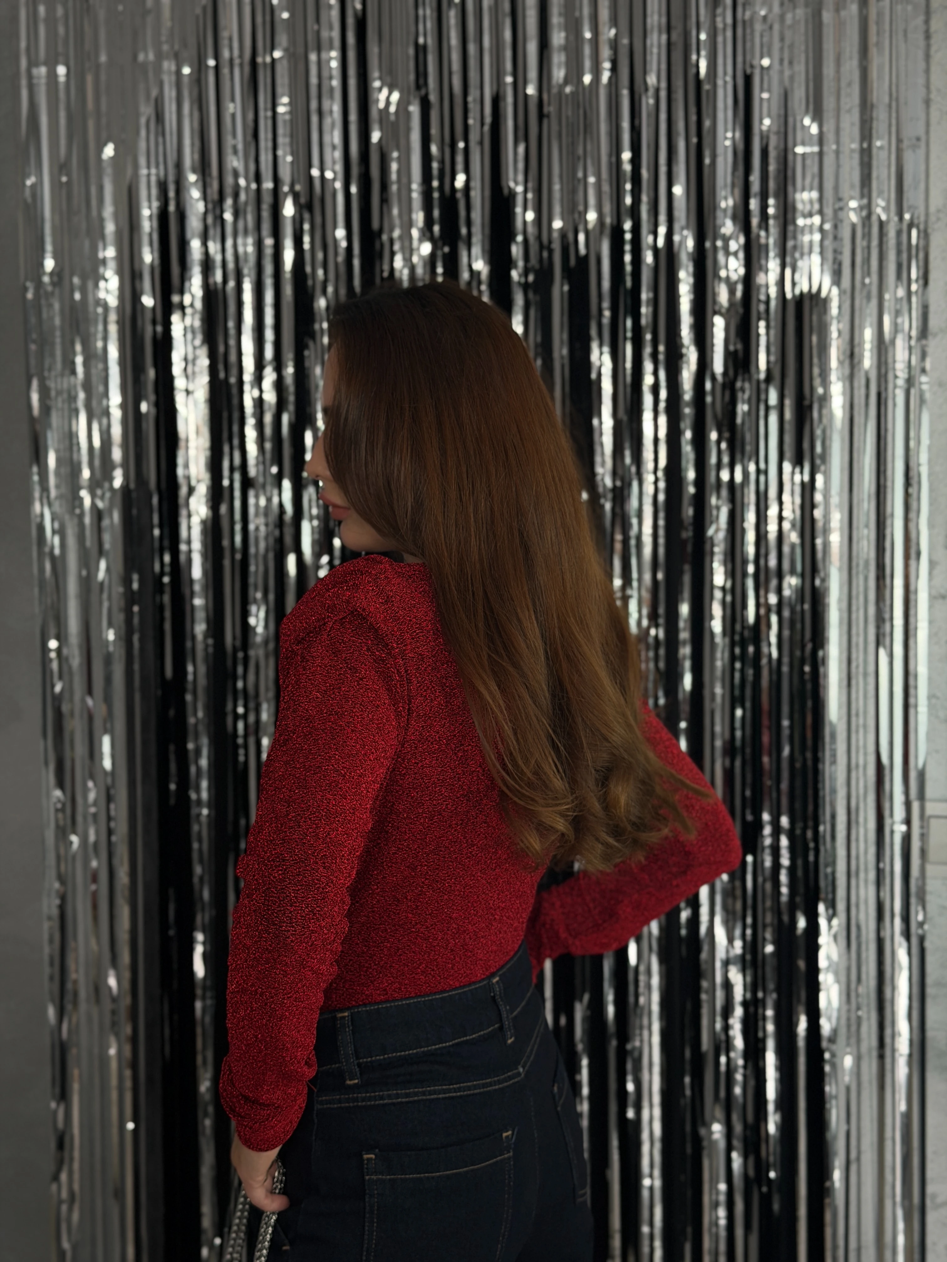 Vatkalı Kruvaze Yaka Işıltılı Çıt Çıtlı Bluz 