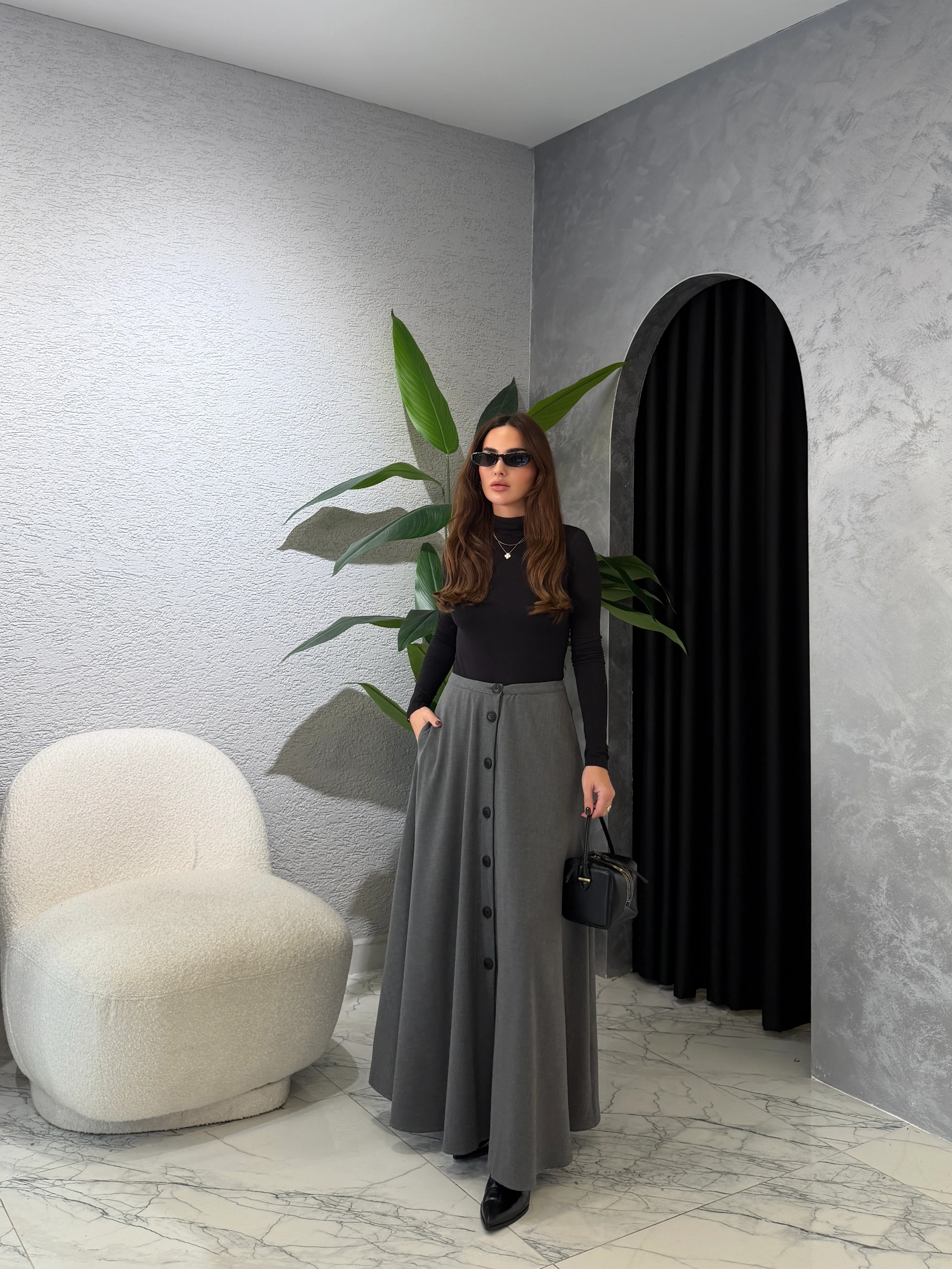 Önden Düğmeli Midi Boy Etek