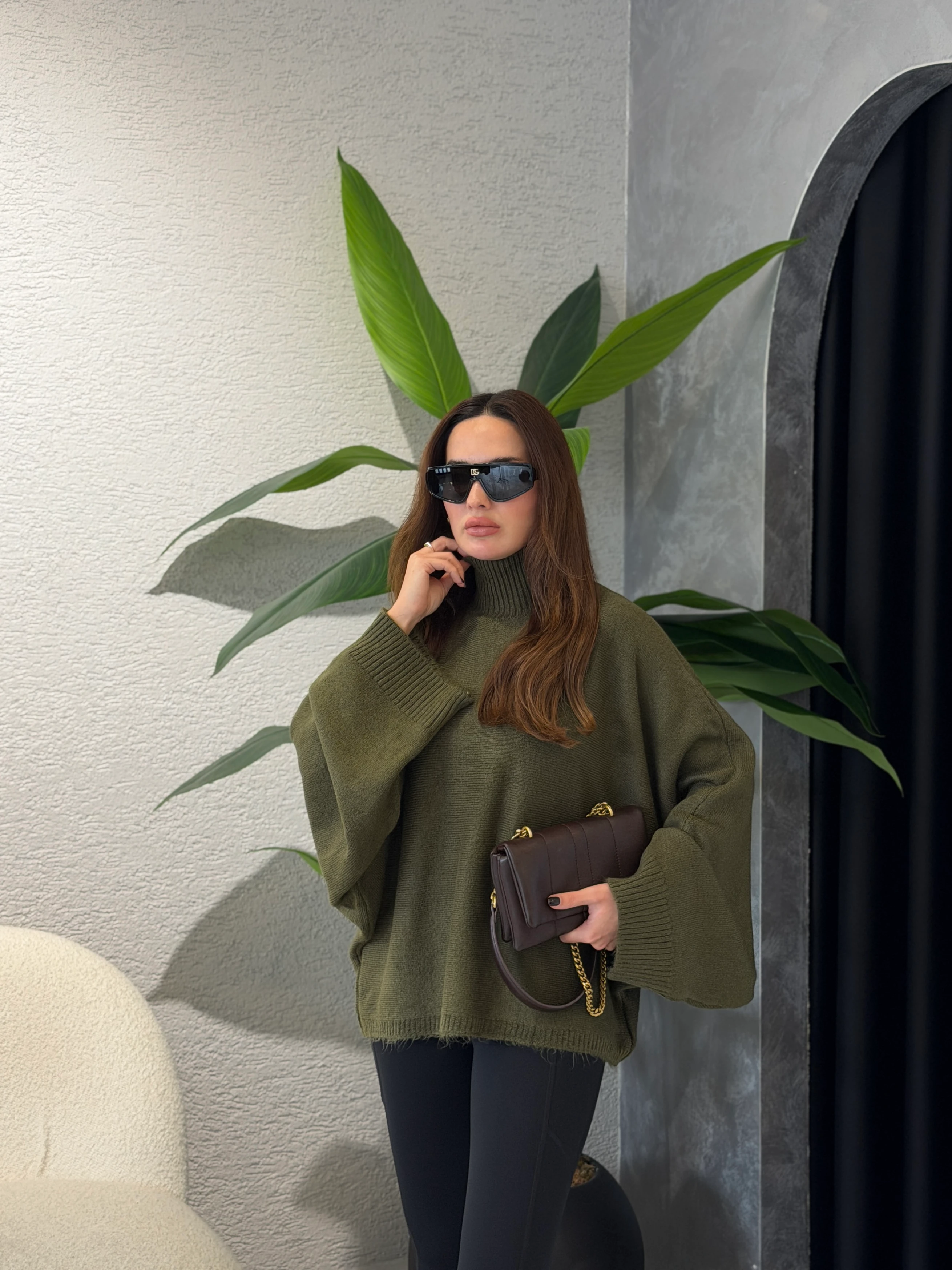 ZR Model Yarasa Kol Soft Touch Boğazlı Kazak - Haki