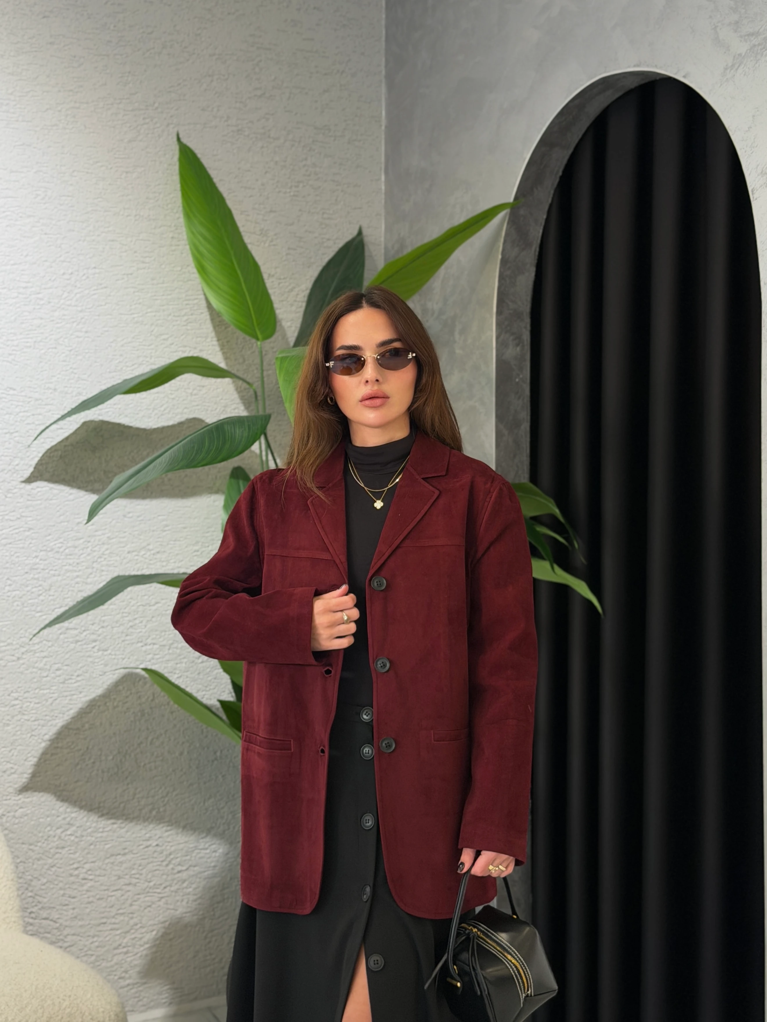Premium Süet Blazer Ceket - Bordo