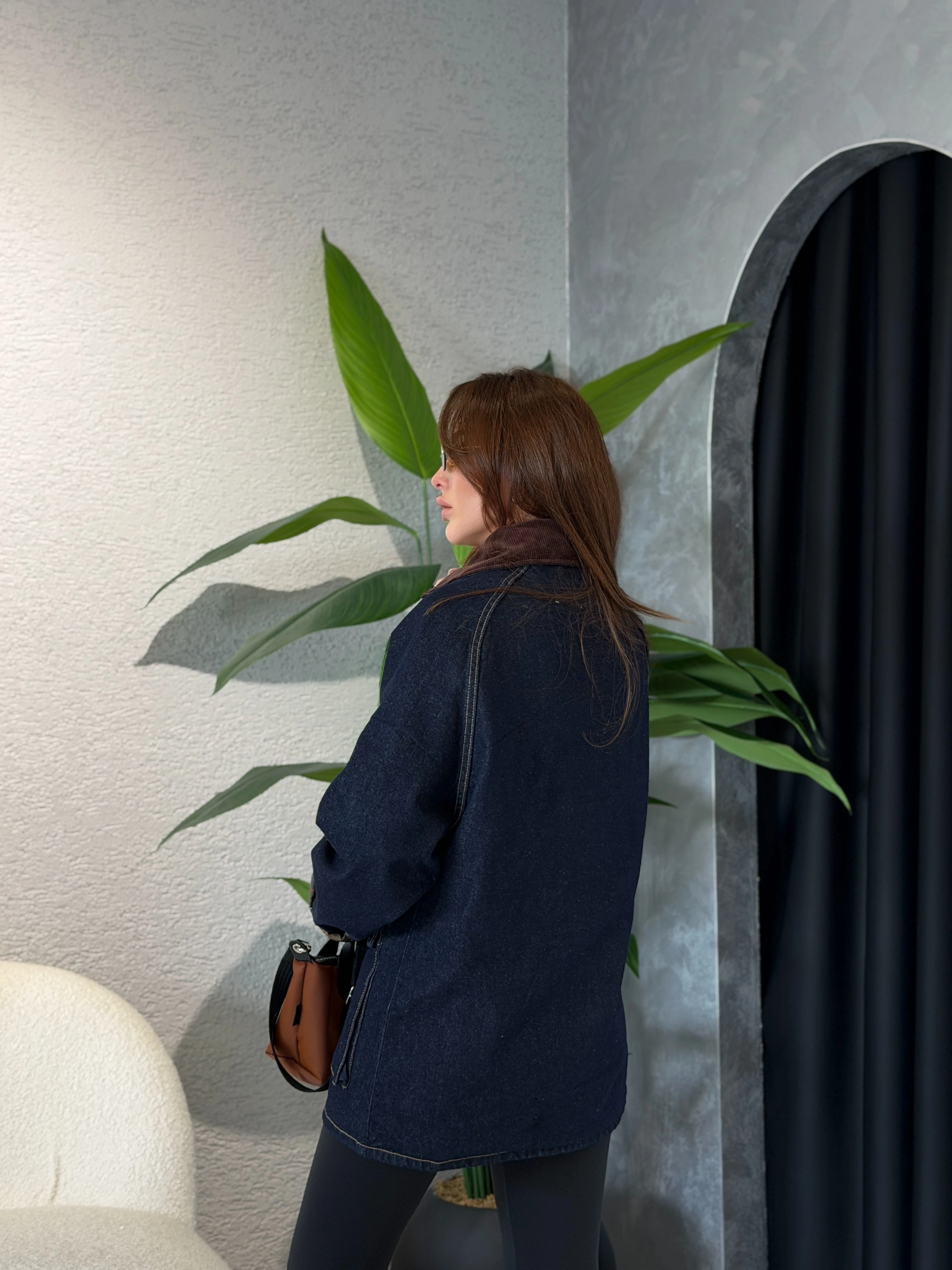 Ekose Astarlı Kadife Yaka Denim Premium Ceket