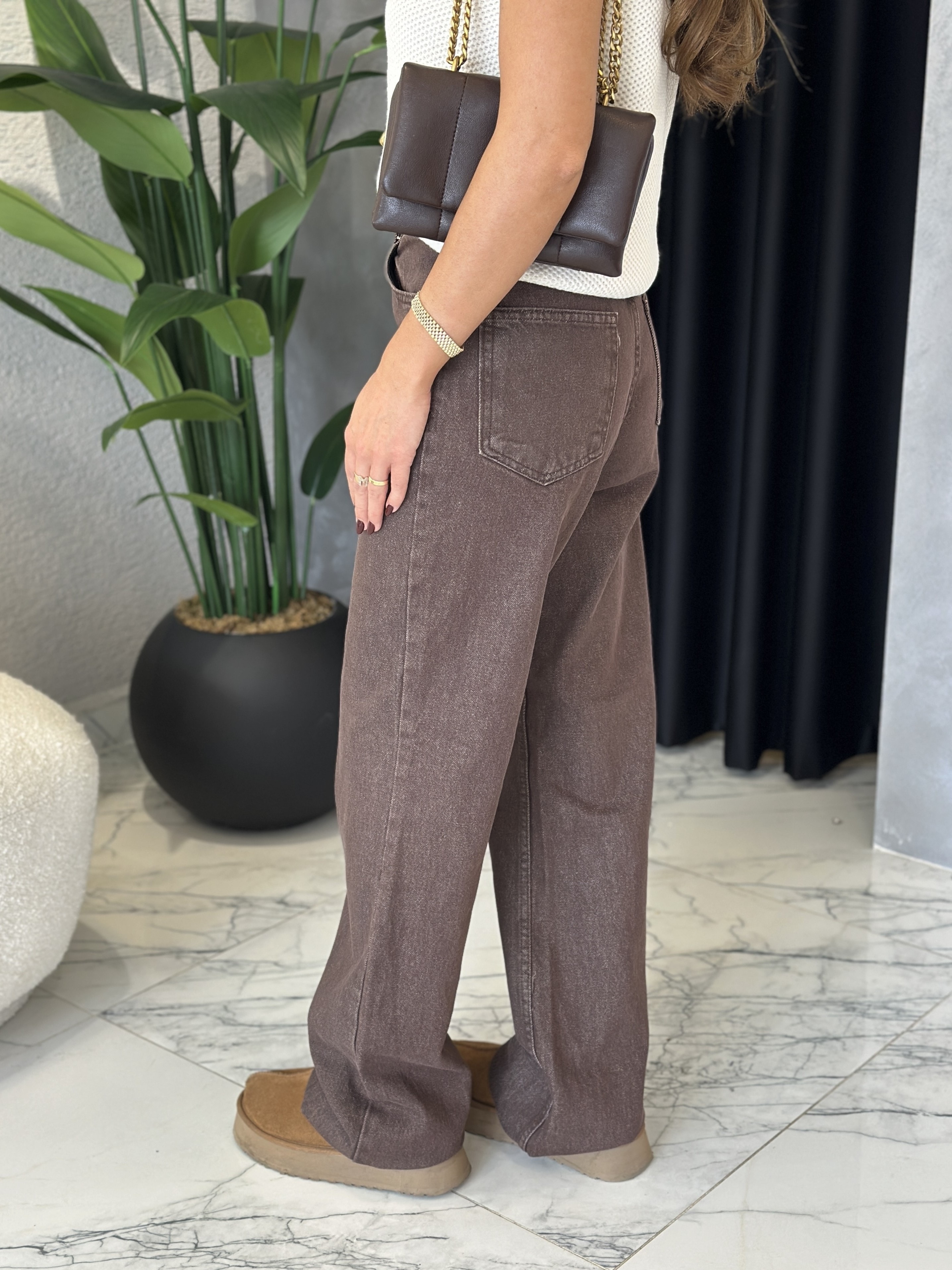 ZR Model Kahverengi Yüksek Bel Wide Leg Jean 