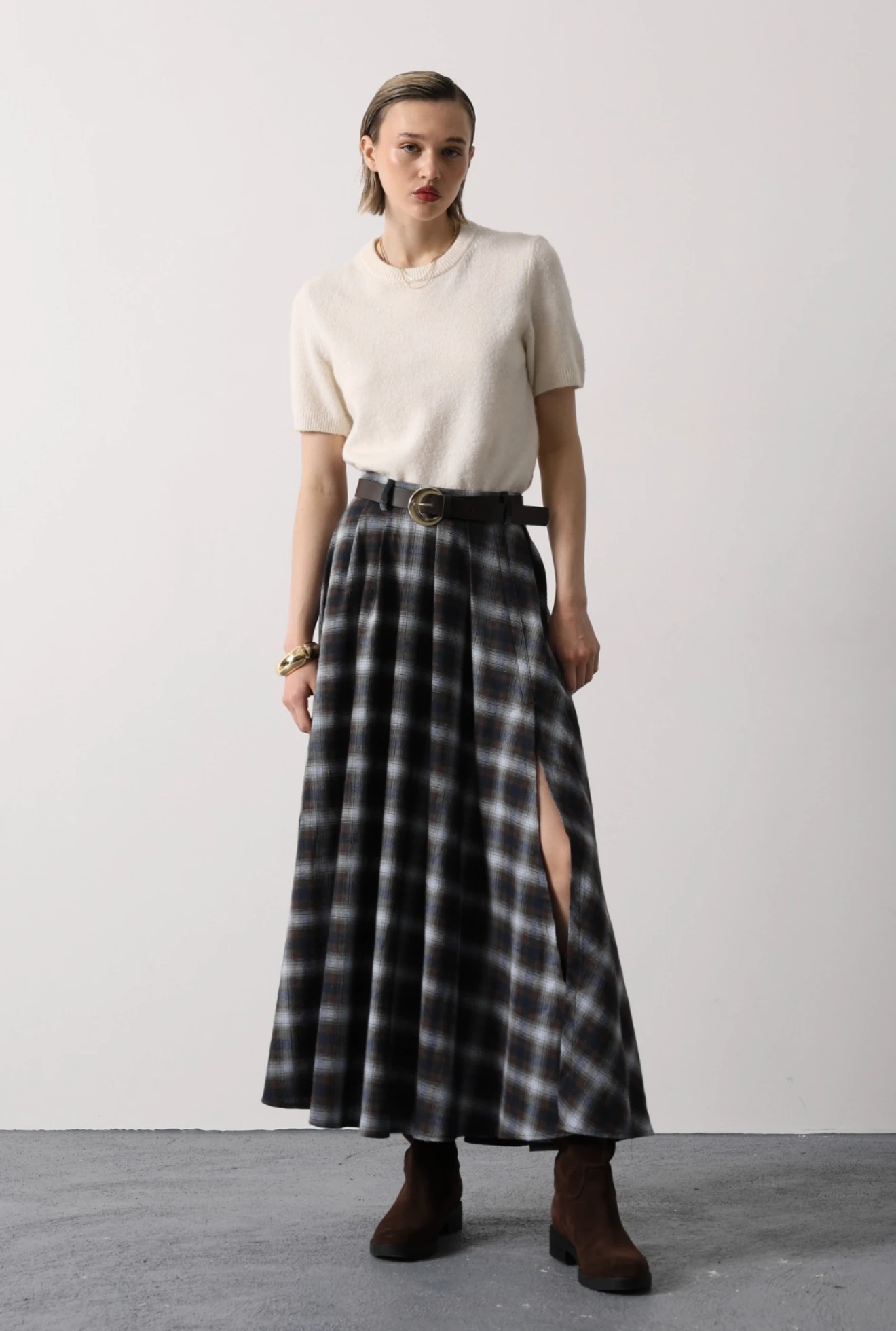 Ekose Desenli Yırtmaç Detay Kemerli  Etek