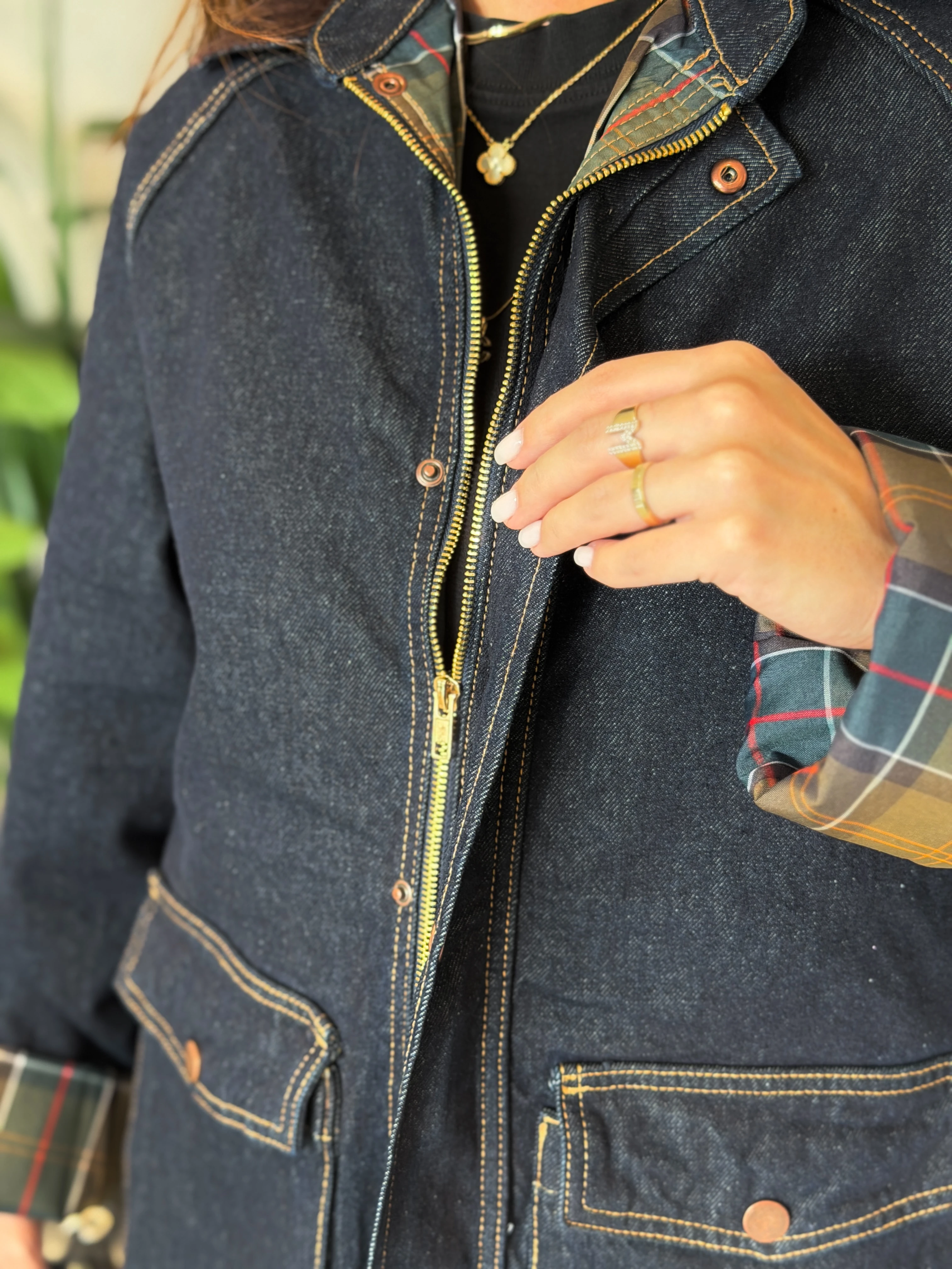 Ekose Astarlı Kadife Yaka Denim Premium Ceket