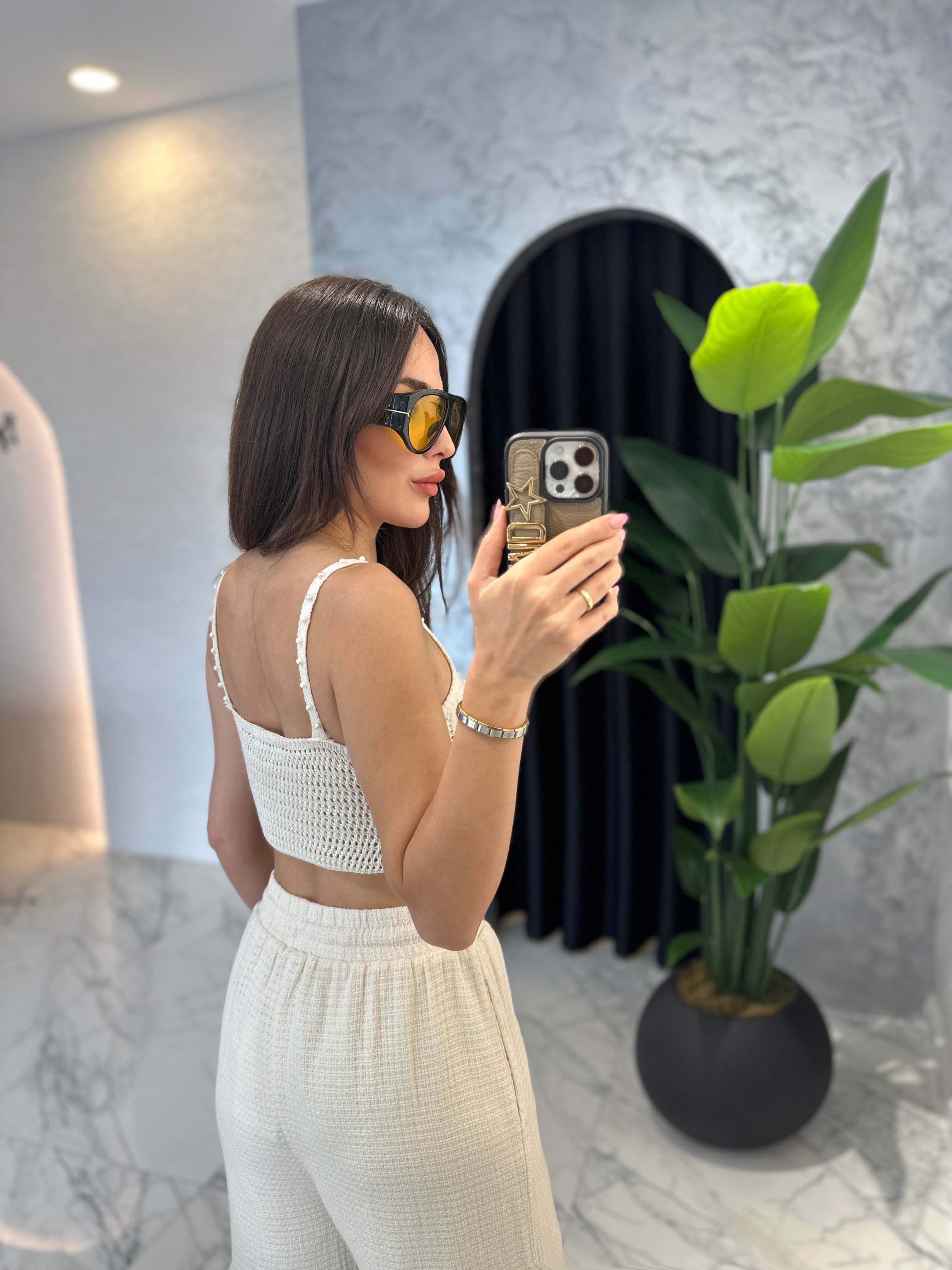 İnci Detay Büstiyer Yırtmaç Paça Pantolon Beachwear Örme Takım