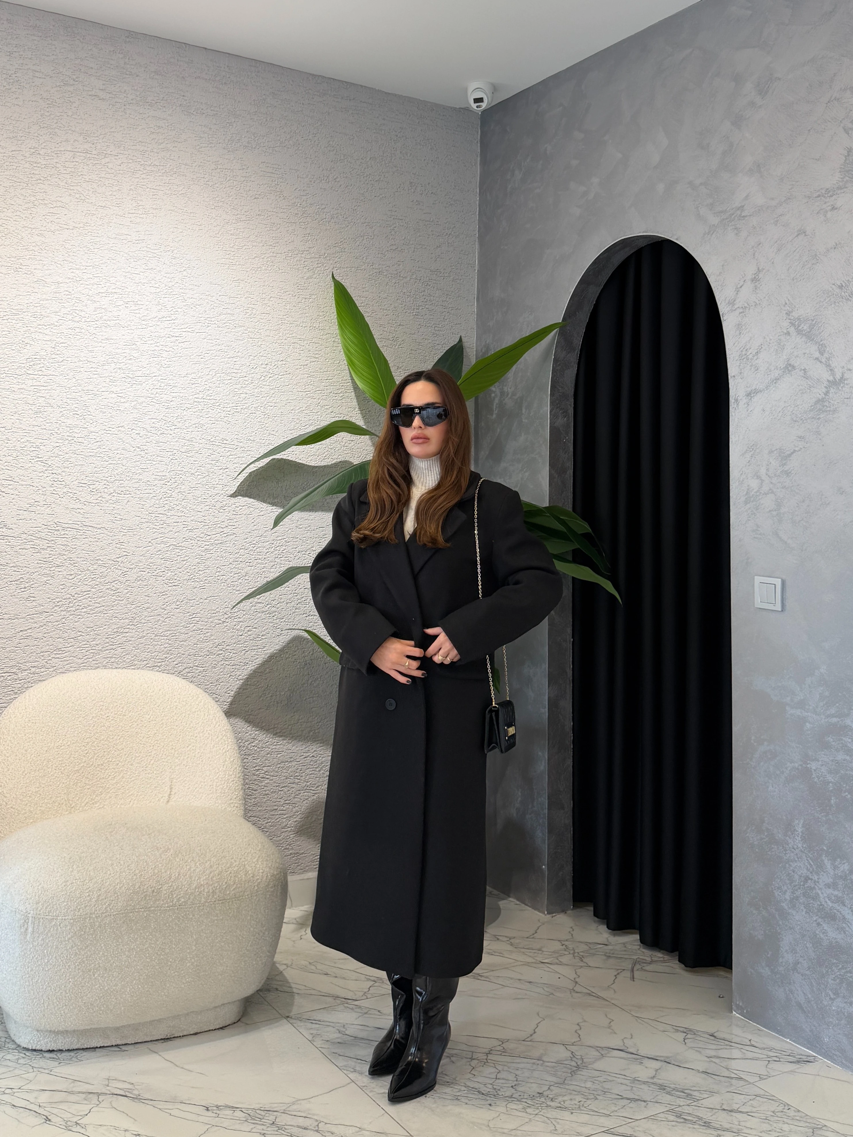 ZR Model Kruvaze Kaşe Kaban - Siyah