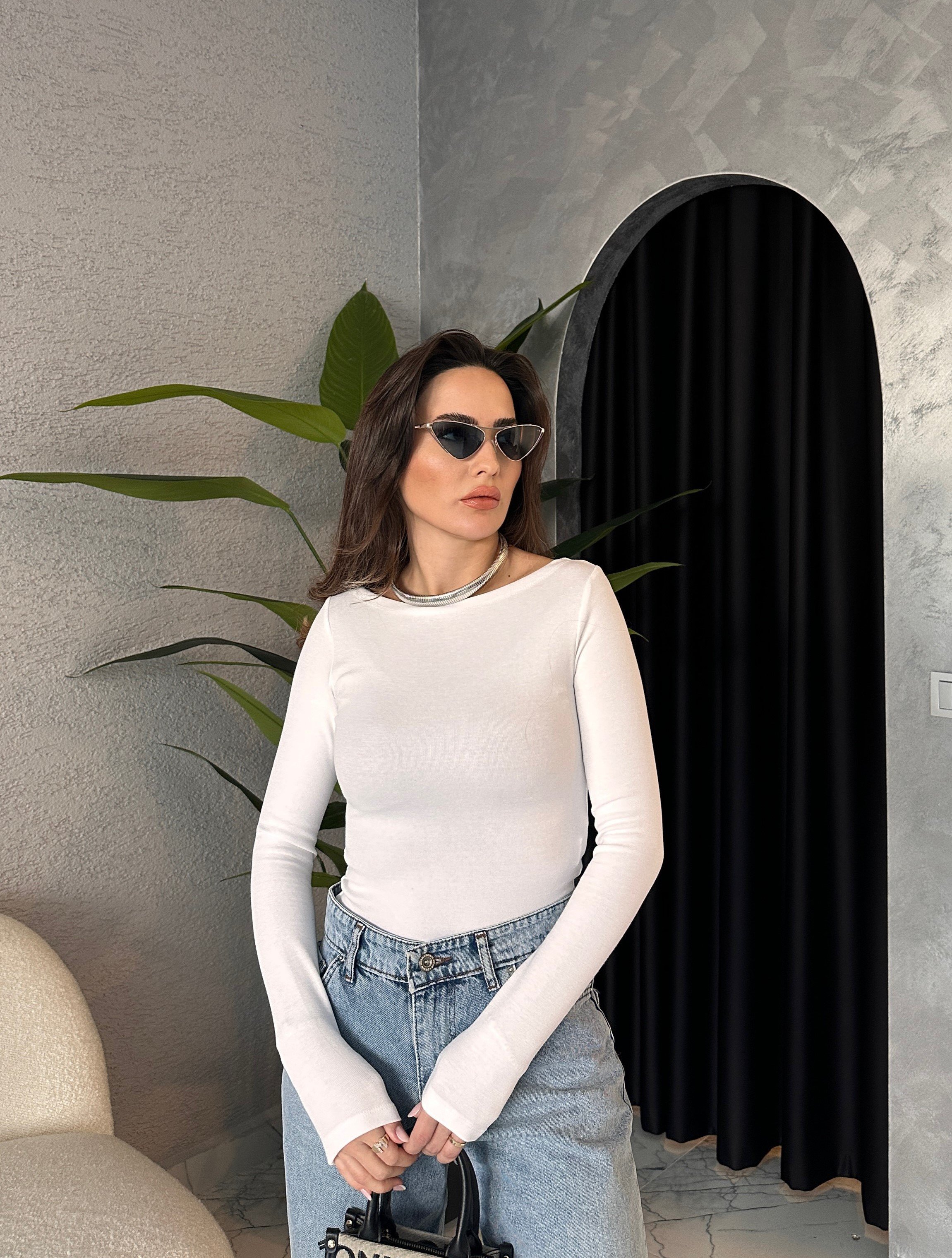 Beyaz Soft Touch Pamuklu Modal Kayık Yaka Bluz
