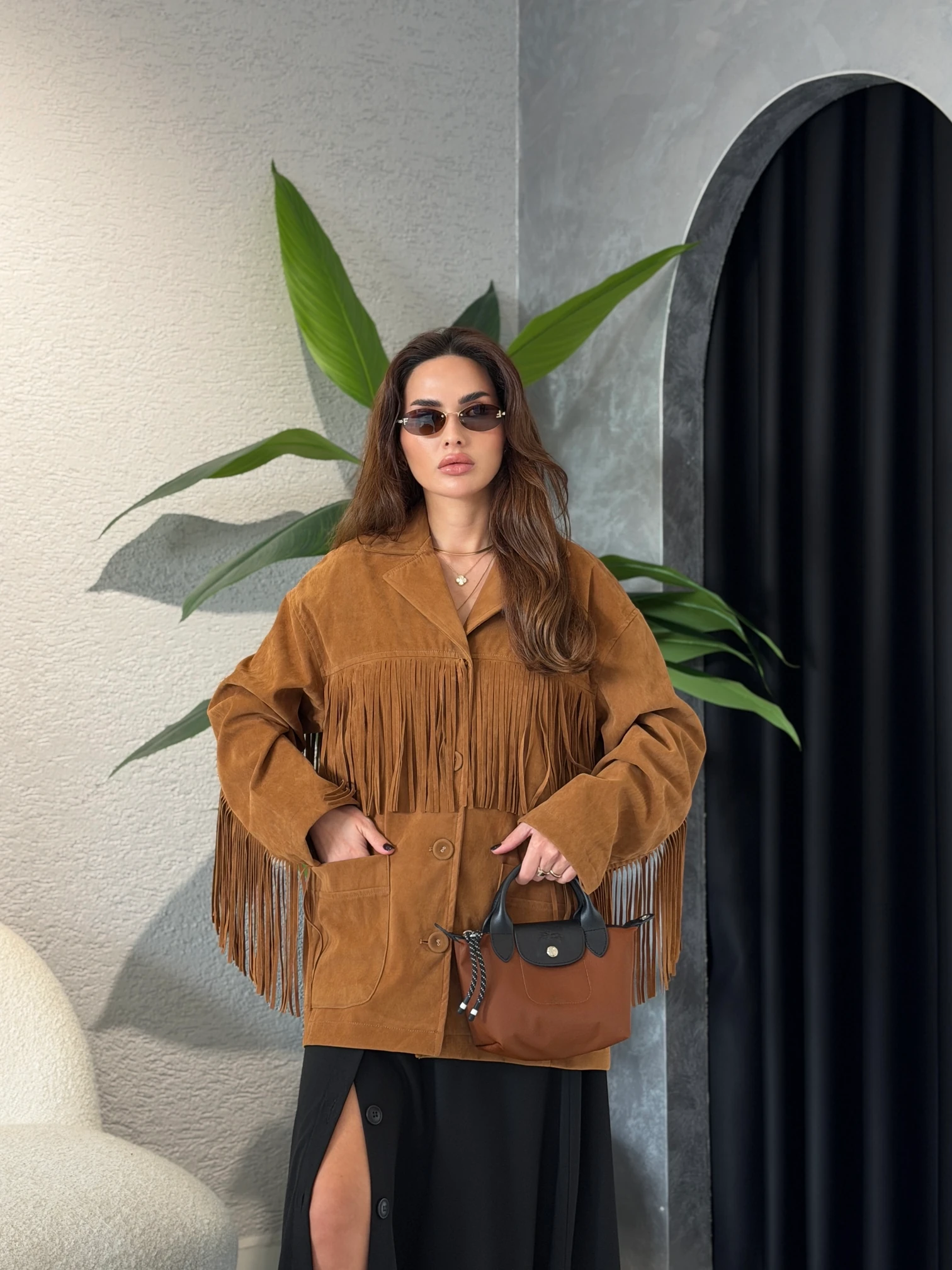 Püskül Detaylı Premium Süet Ceket - Taba