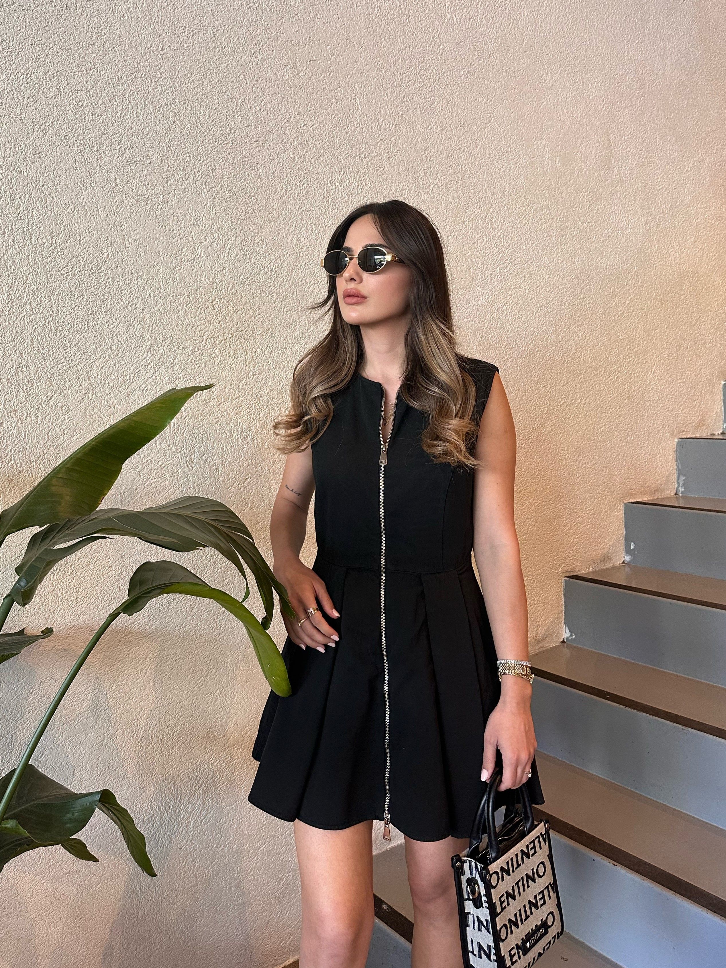 Pileli Fermuarlı Gabardin Elbise