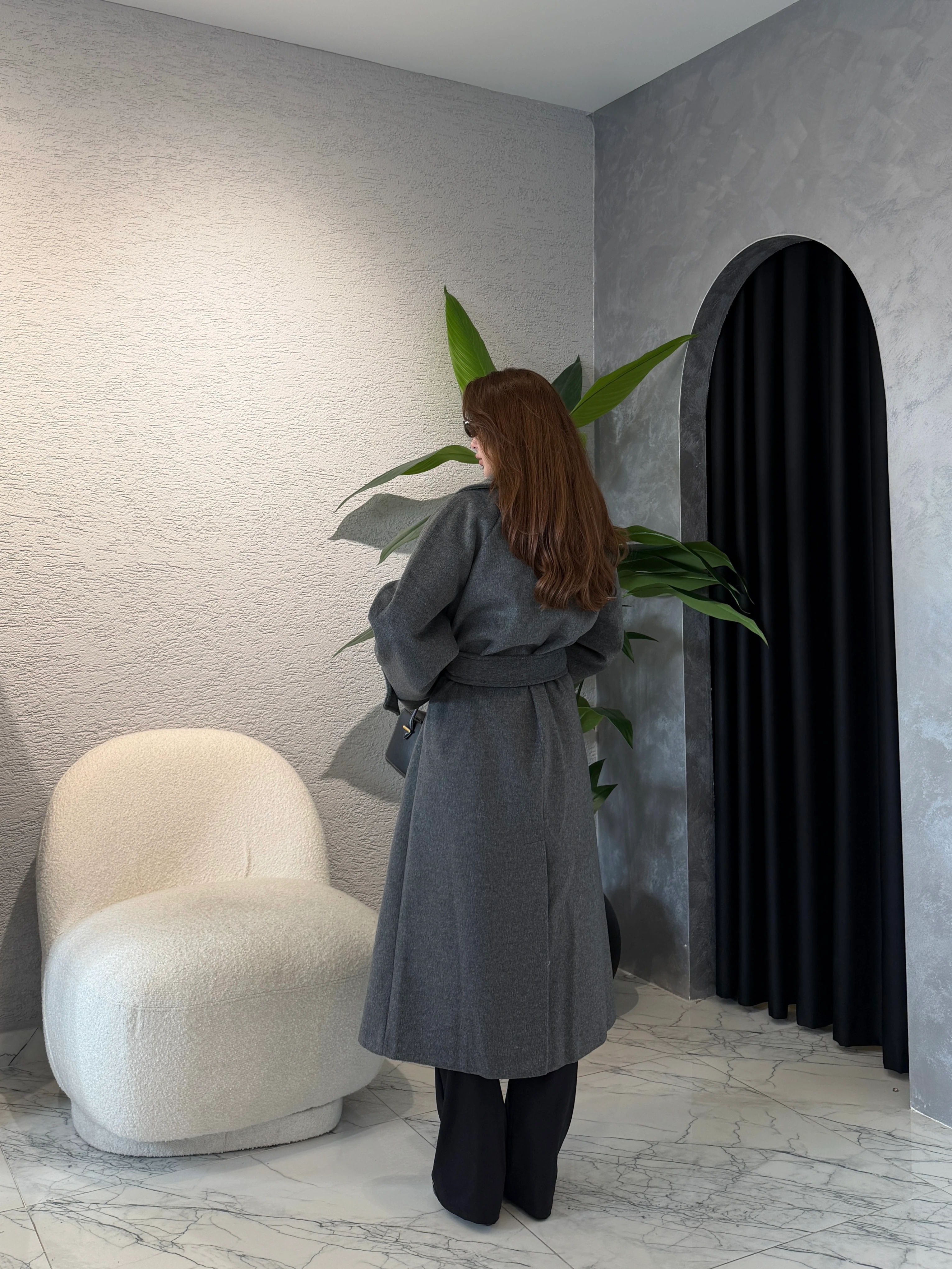 Kruvaze Yaka Kemerli Kaşe Uzun Kaban 