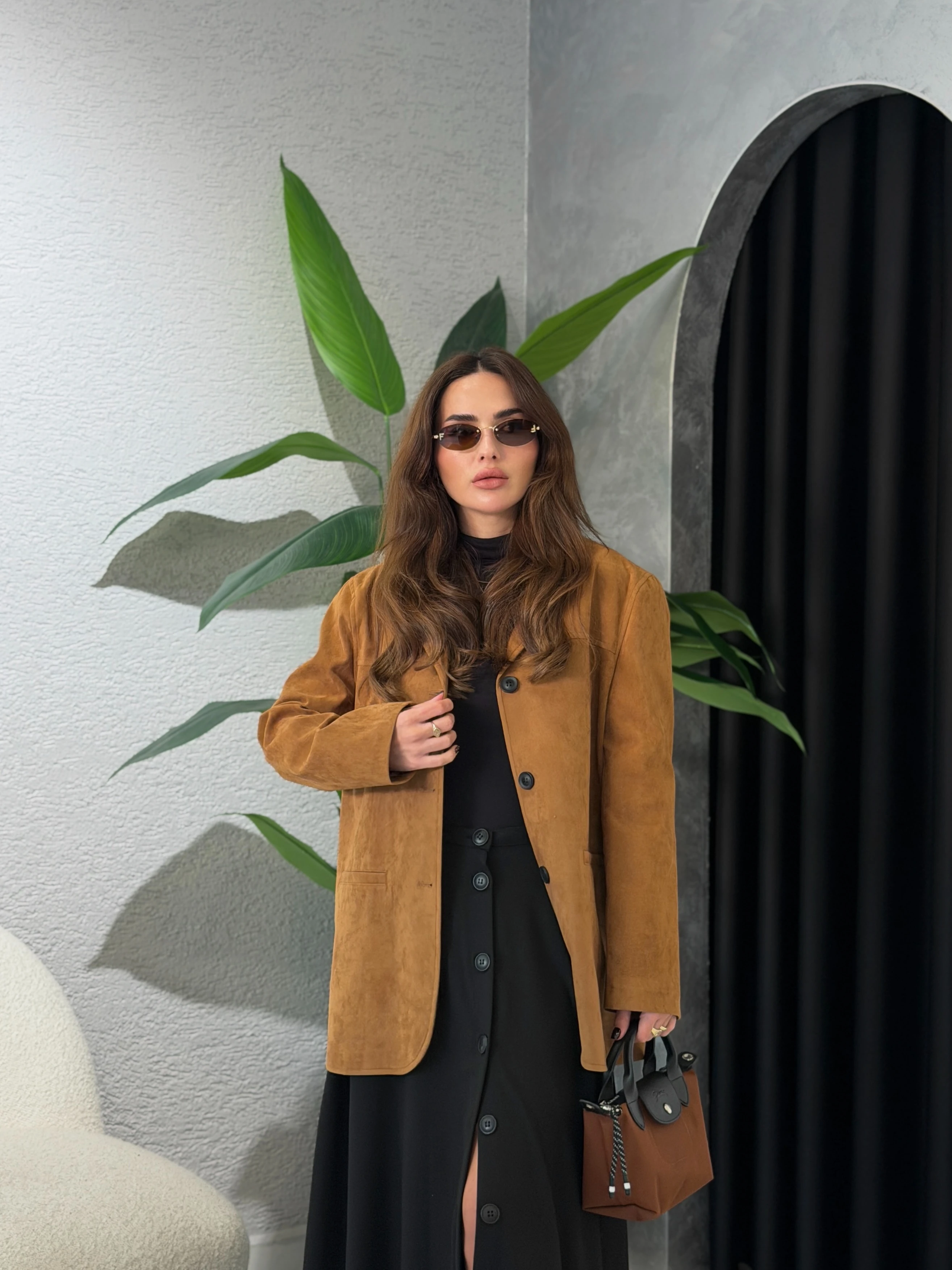 Premium Süet Blazer Ceket - Taba