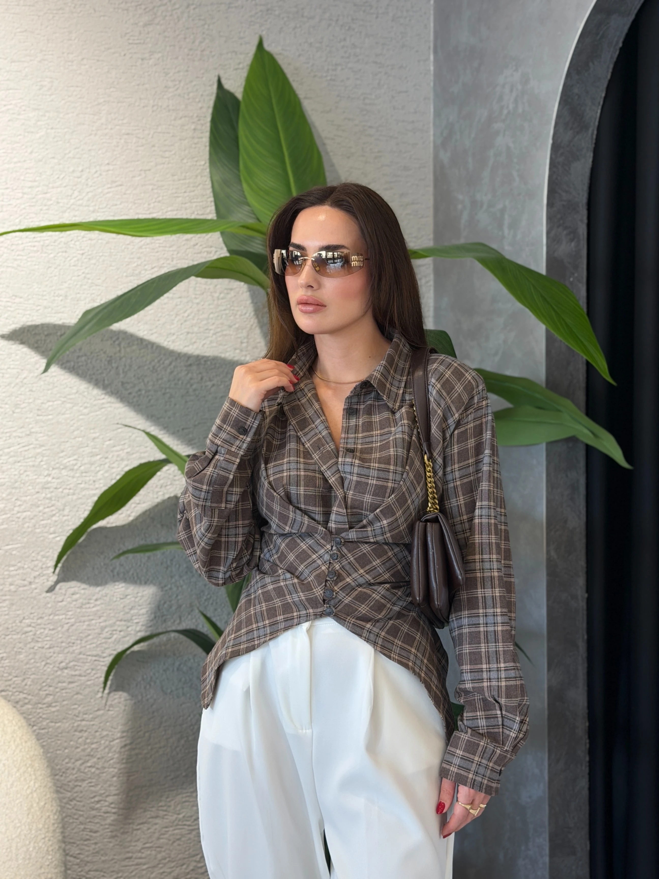 Kahve Ekose Belden Oturtmalı Vatkalı Gömlek