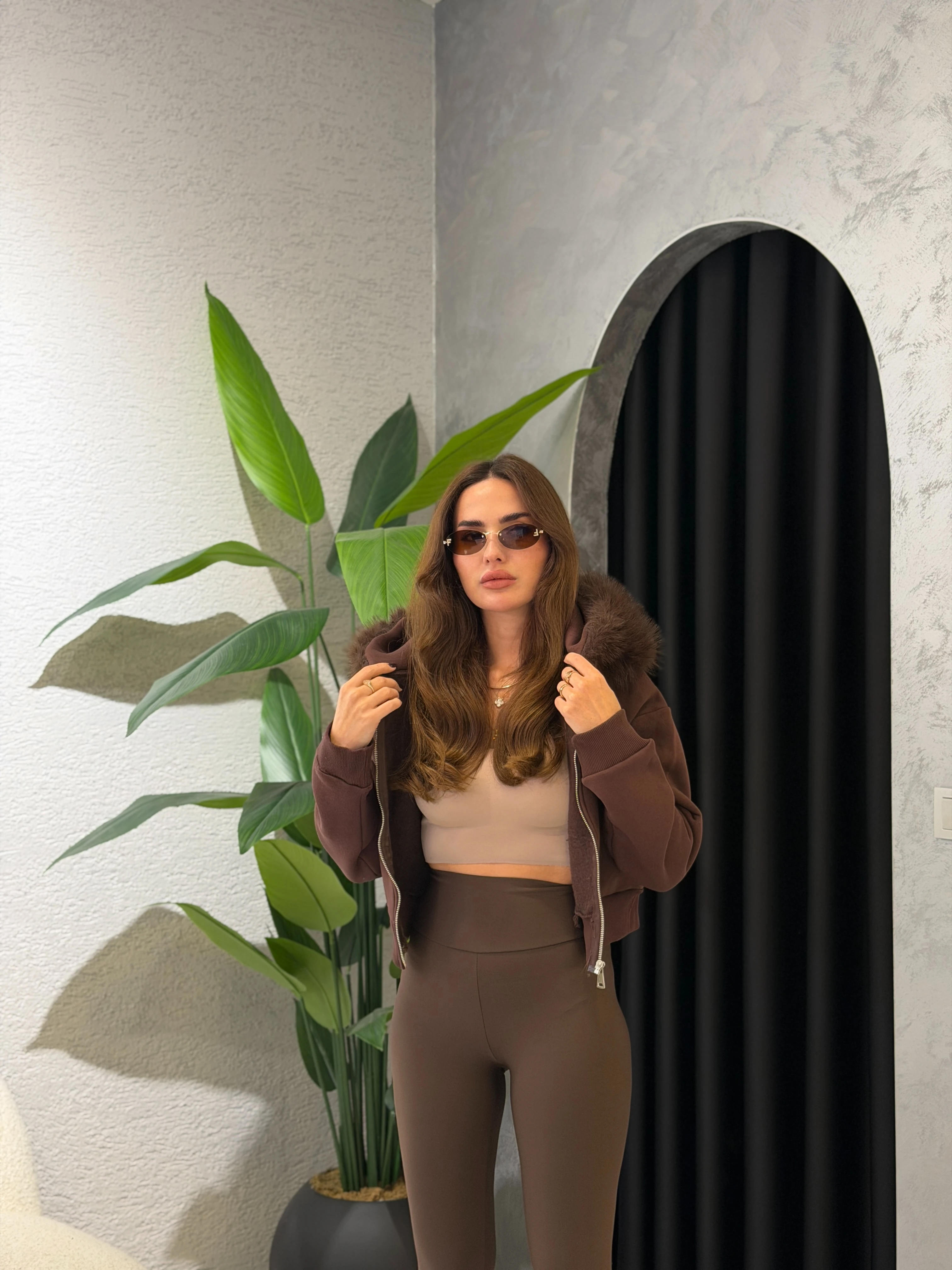 Kürk Detay İçi Şardonlu Kapüşonlu Hırka