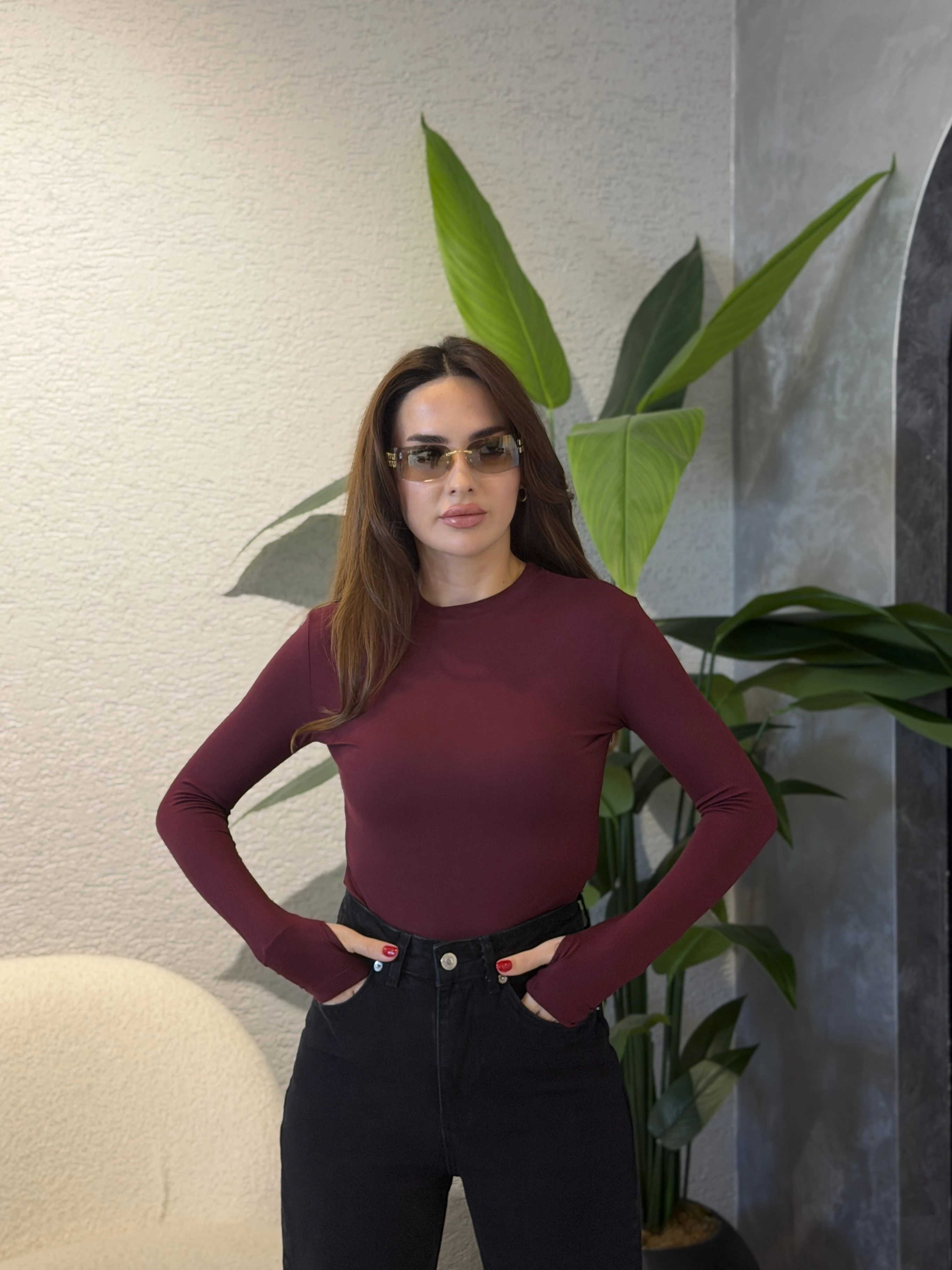 Parmak Geçirmeli Likralı Body  - Bordo