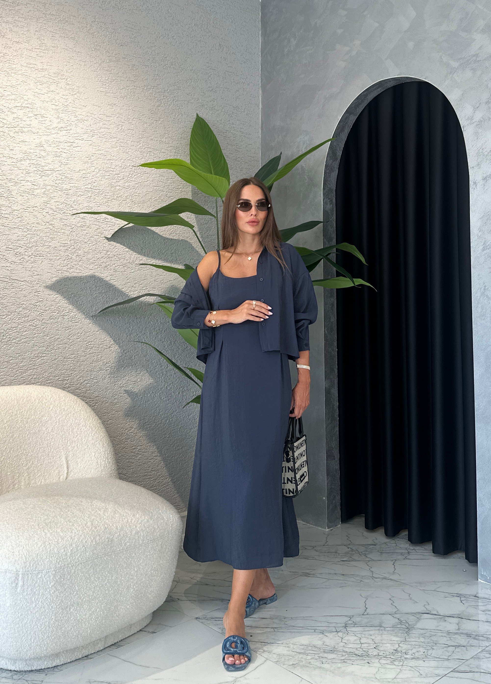 Tencel Modal Gömlekli Askılı Elbise - İndigo