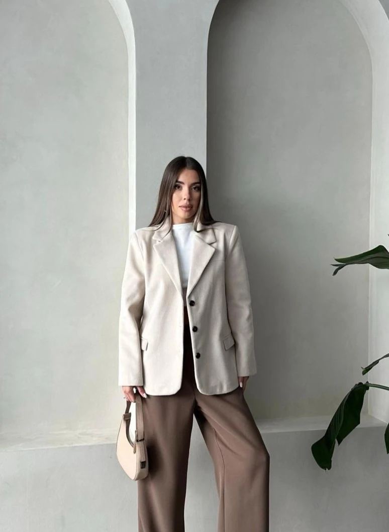 Krem Premium Kaşe Blazer Ceket