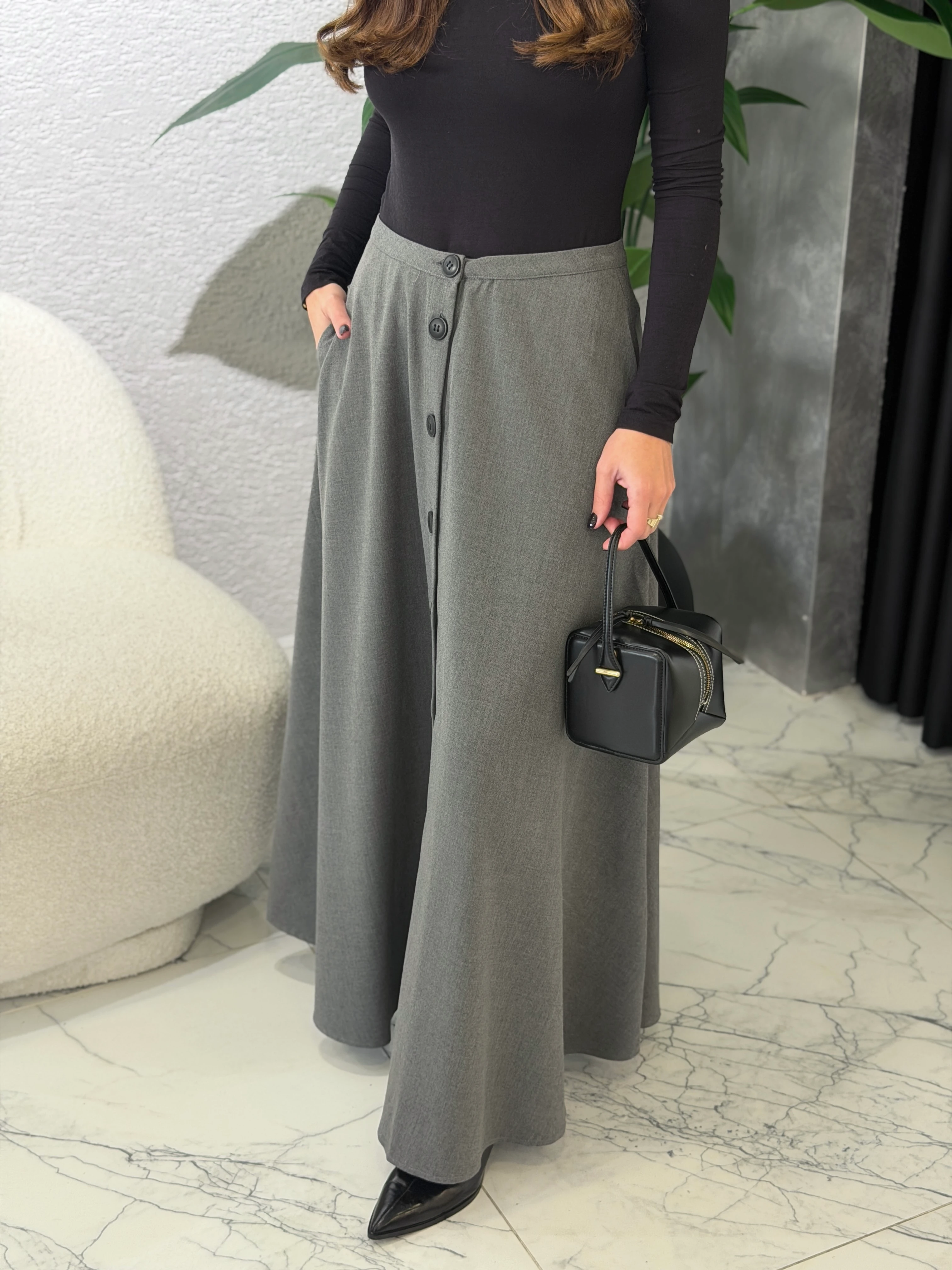 Önden Düğmeli Midi Boy Etek