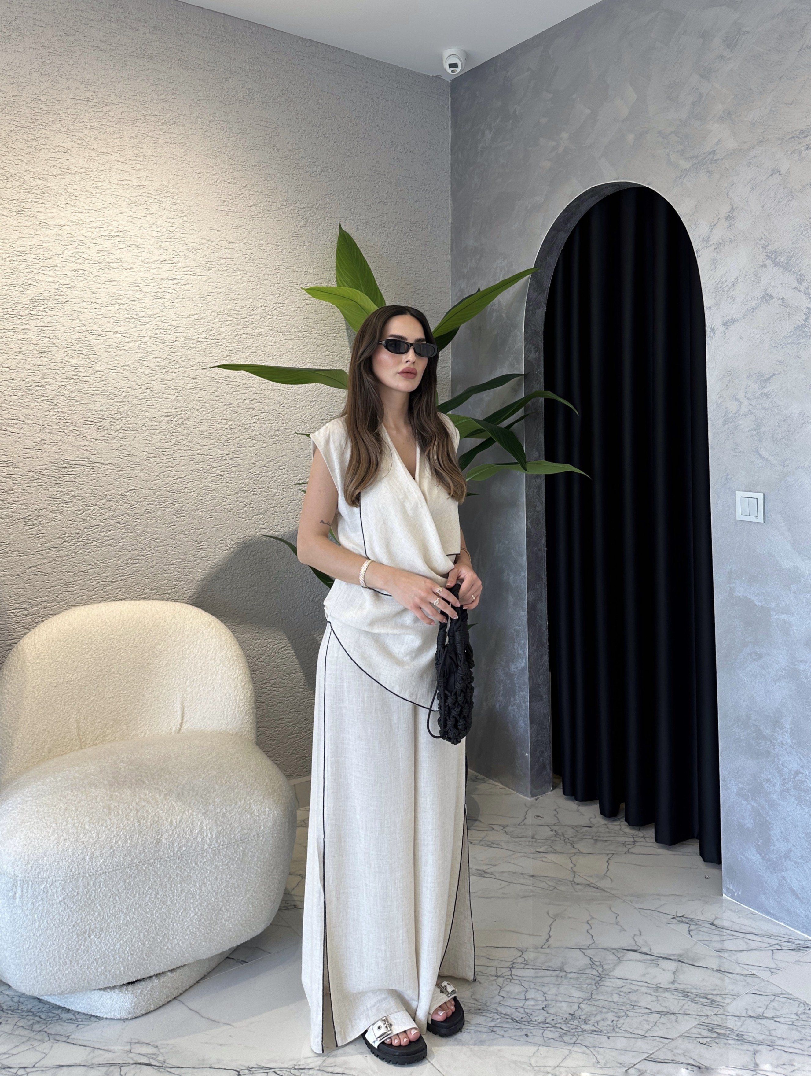 Yırtmaç Paça Keten Kimono Yelekli Takım