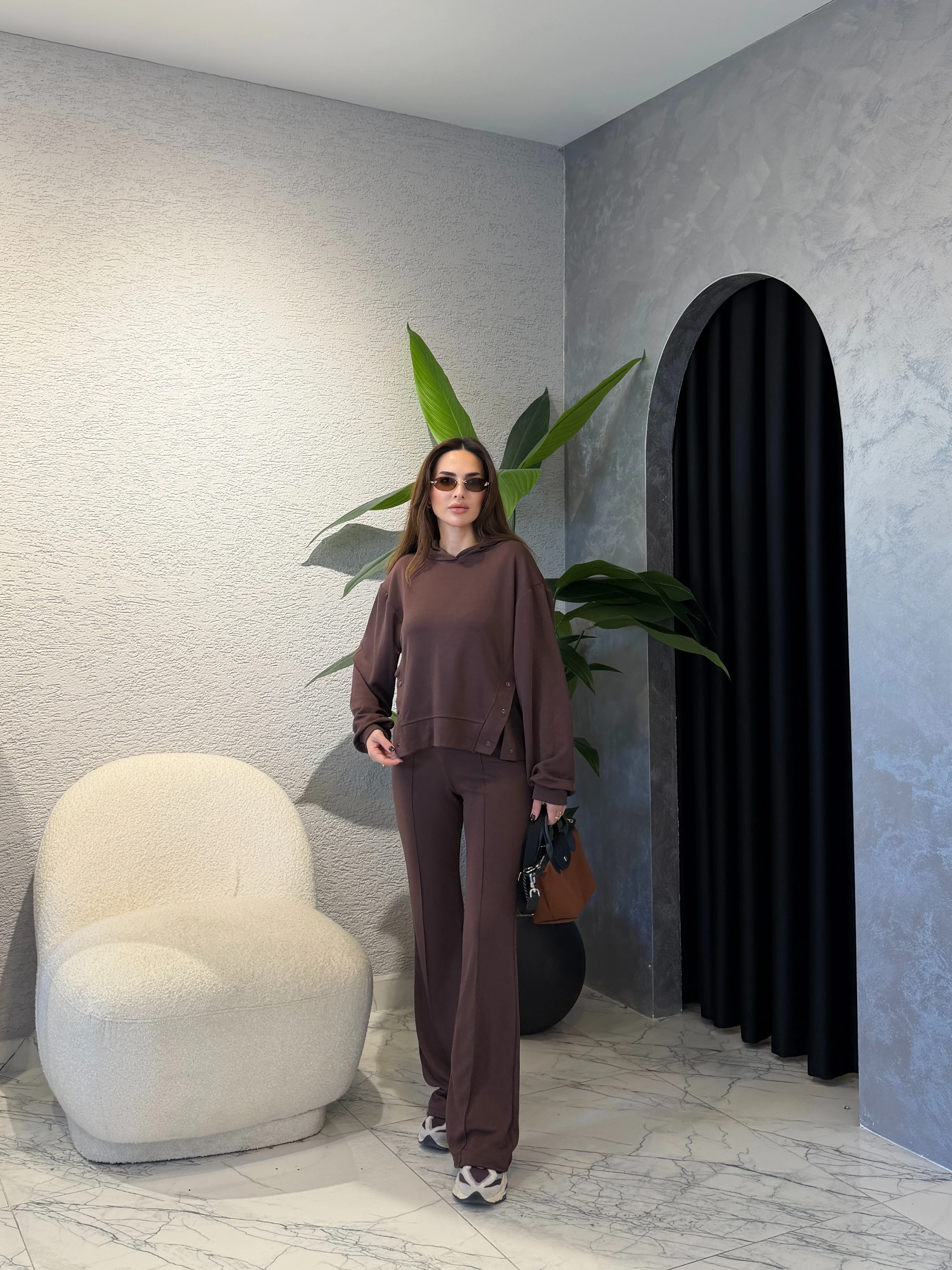 Kapüşonlu Çıtçıt Detay Modal Takım - Acı Kahve