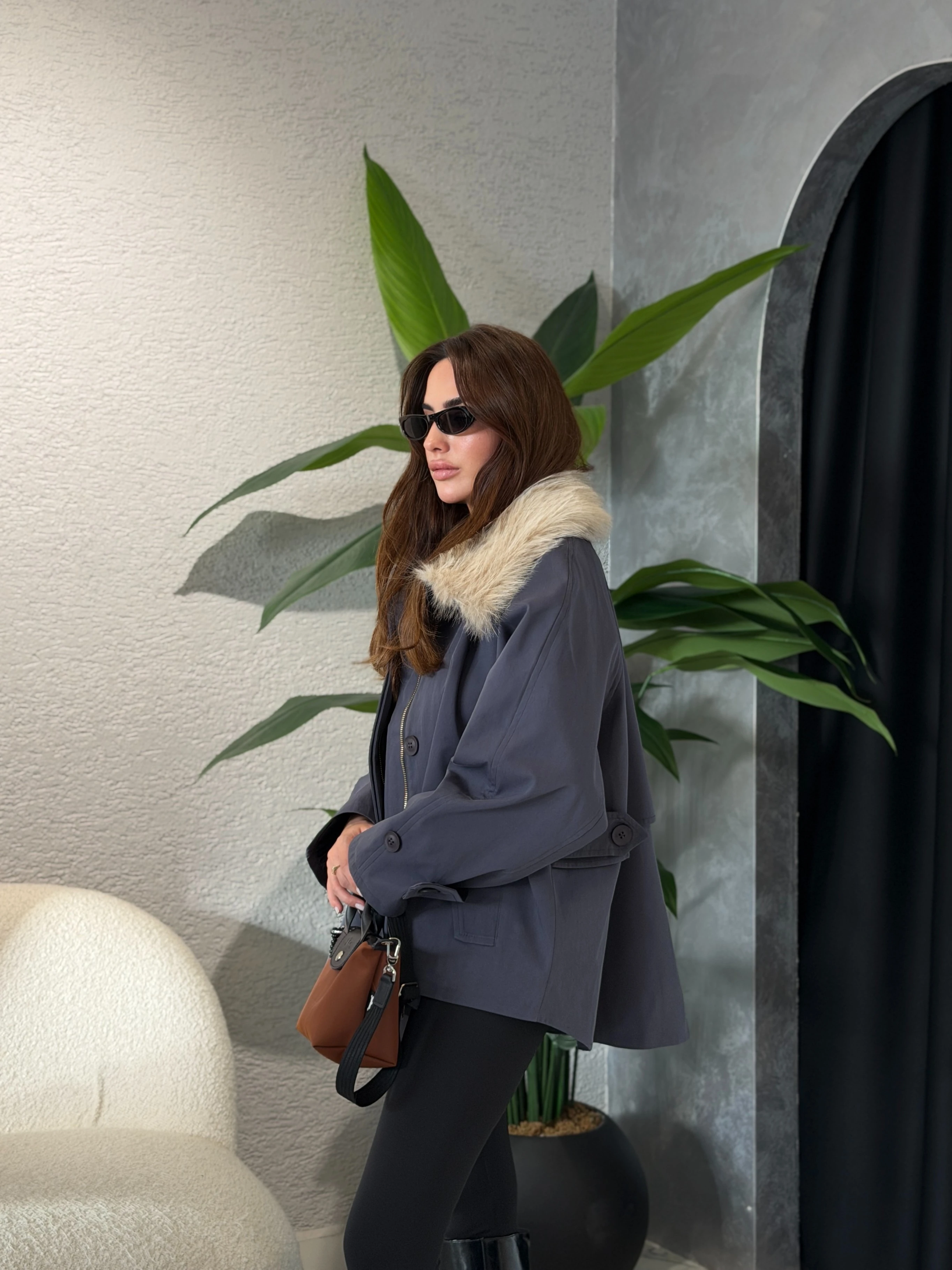 İndigo Çıkarılabilir Kürk Yakalı Premium Trençkot