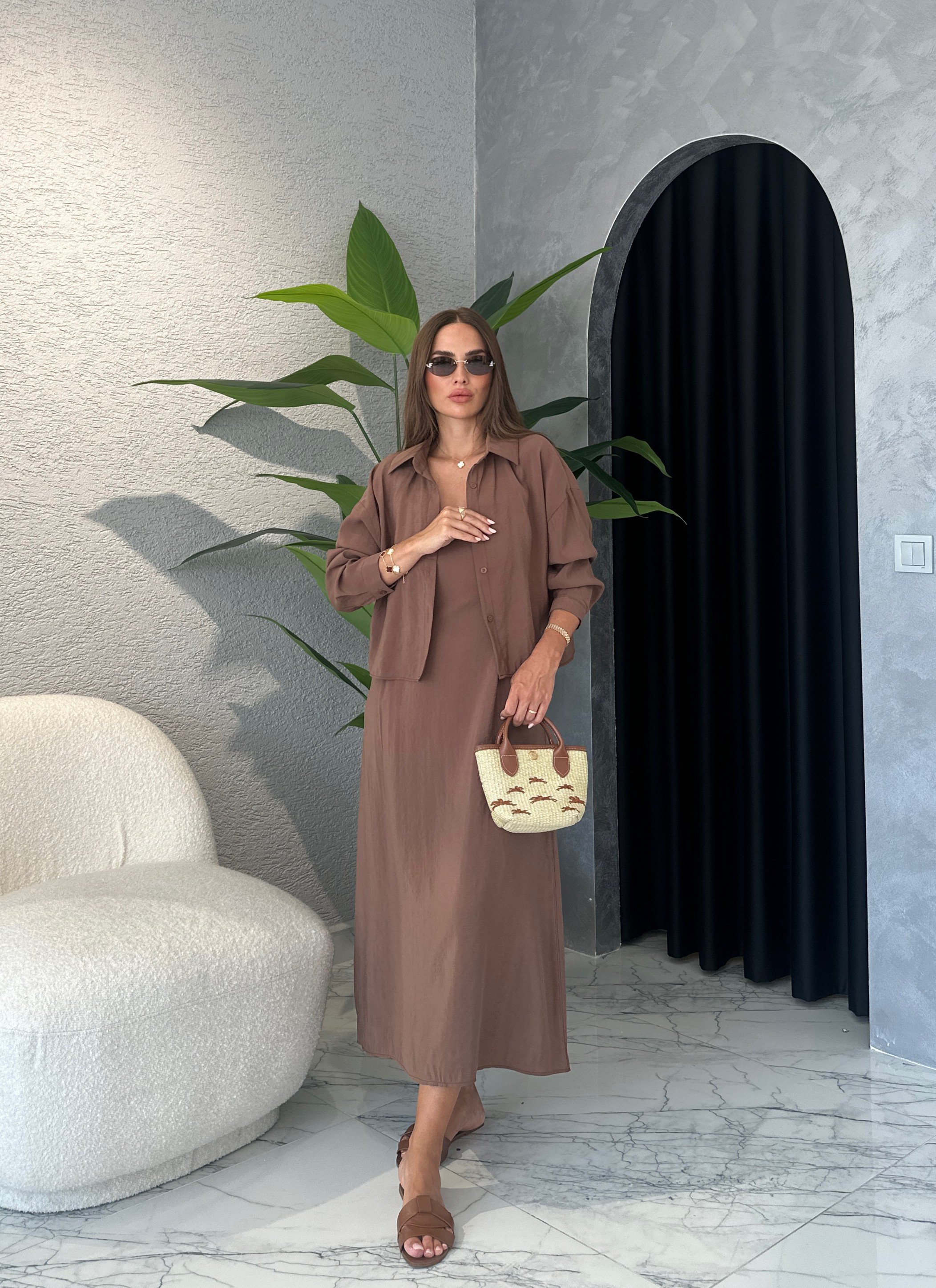 Tencel Modal Gömlekli Askılı Elbise - Kahve