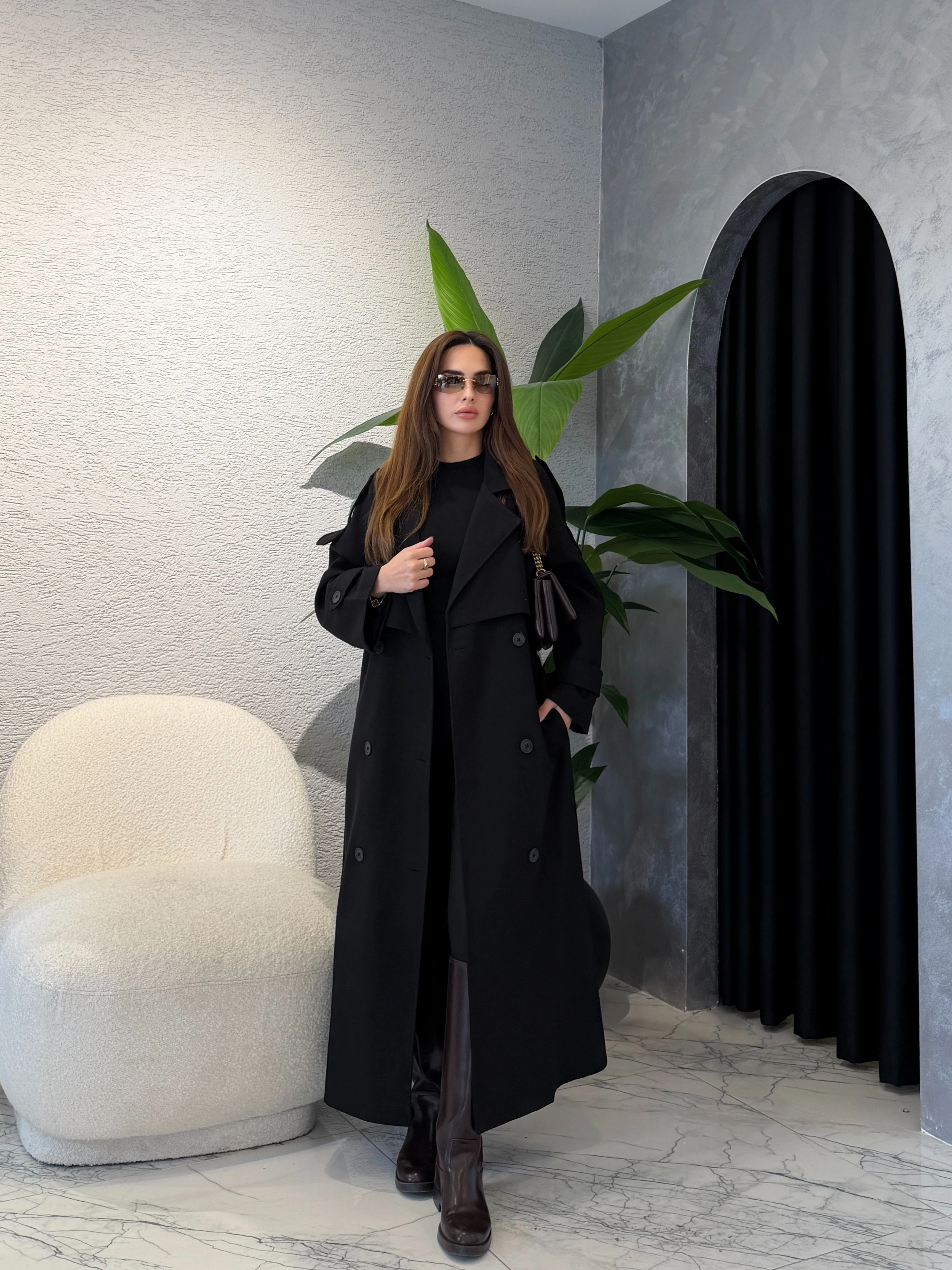 ZR Model Premium Uzun Trenckot  - Siyah