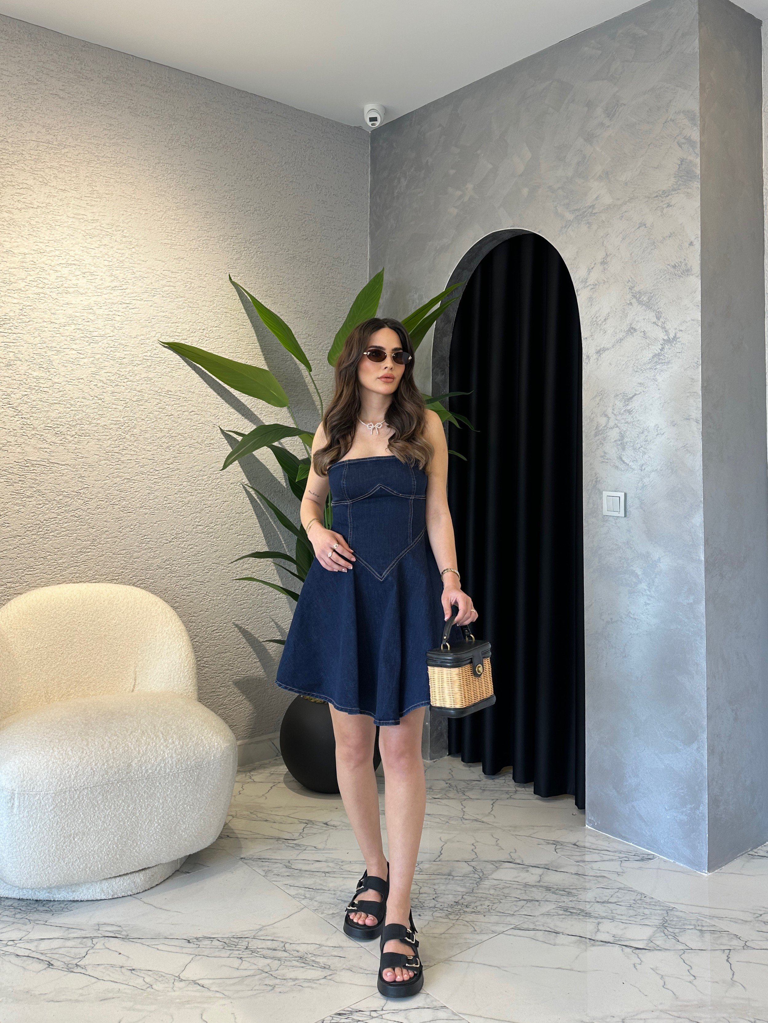 Denim Straplez Kısa Çan Elbise