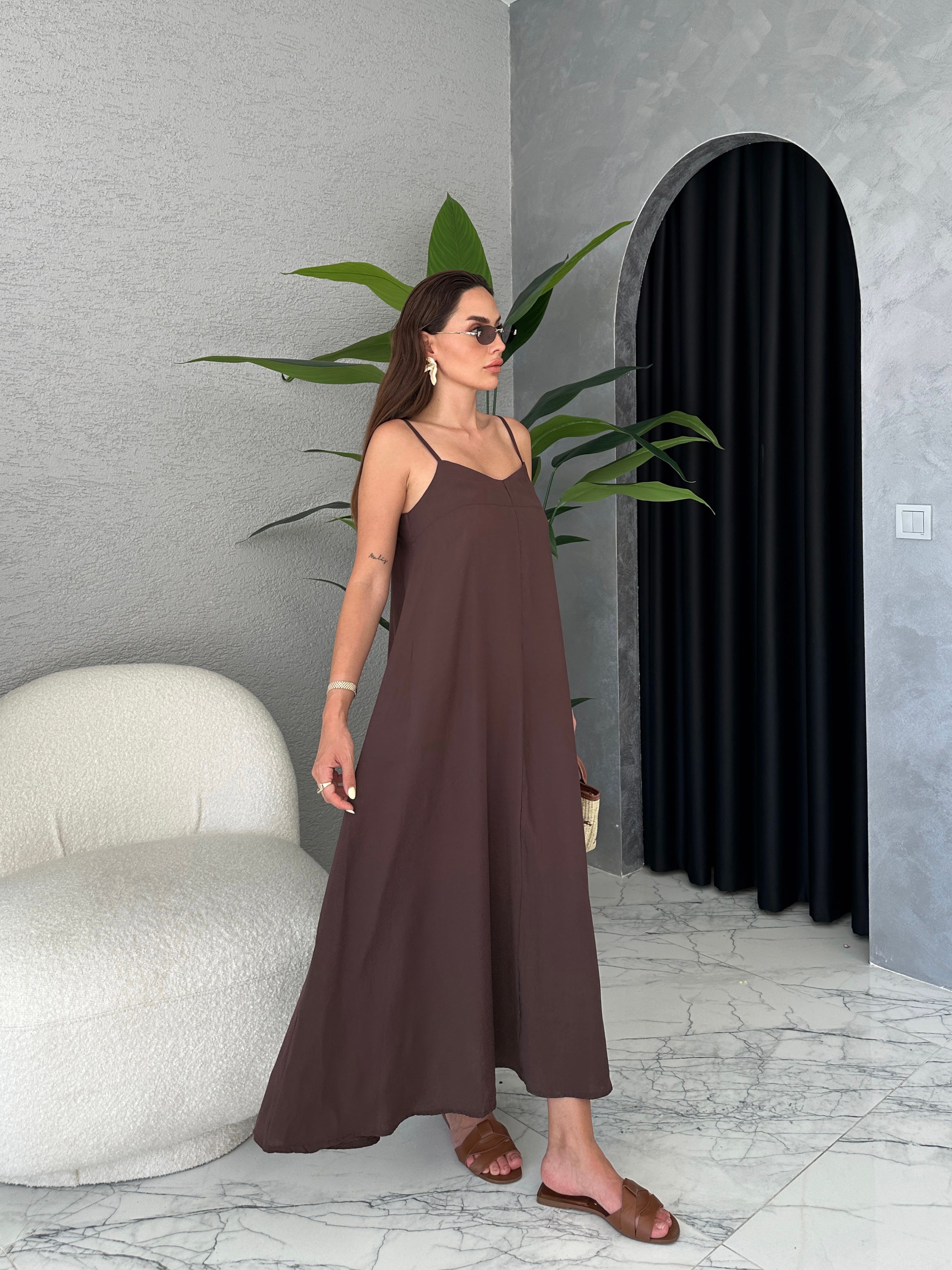 Tencel Modal Ayarlanabilir Askılı Elbise - Kahve