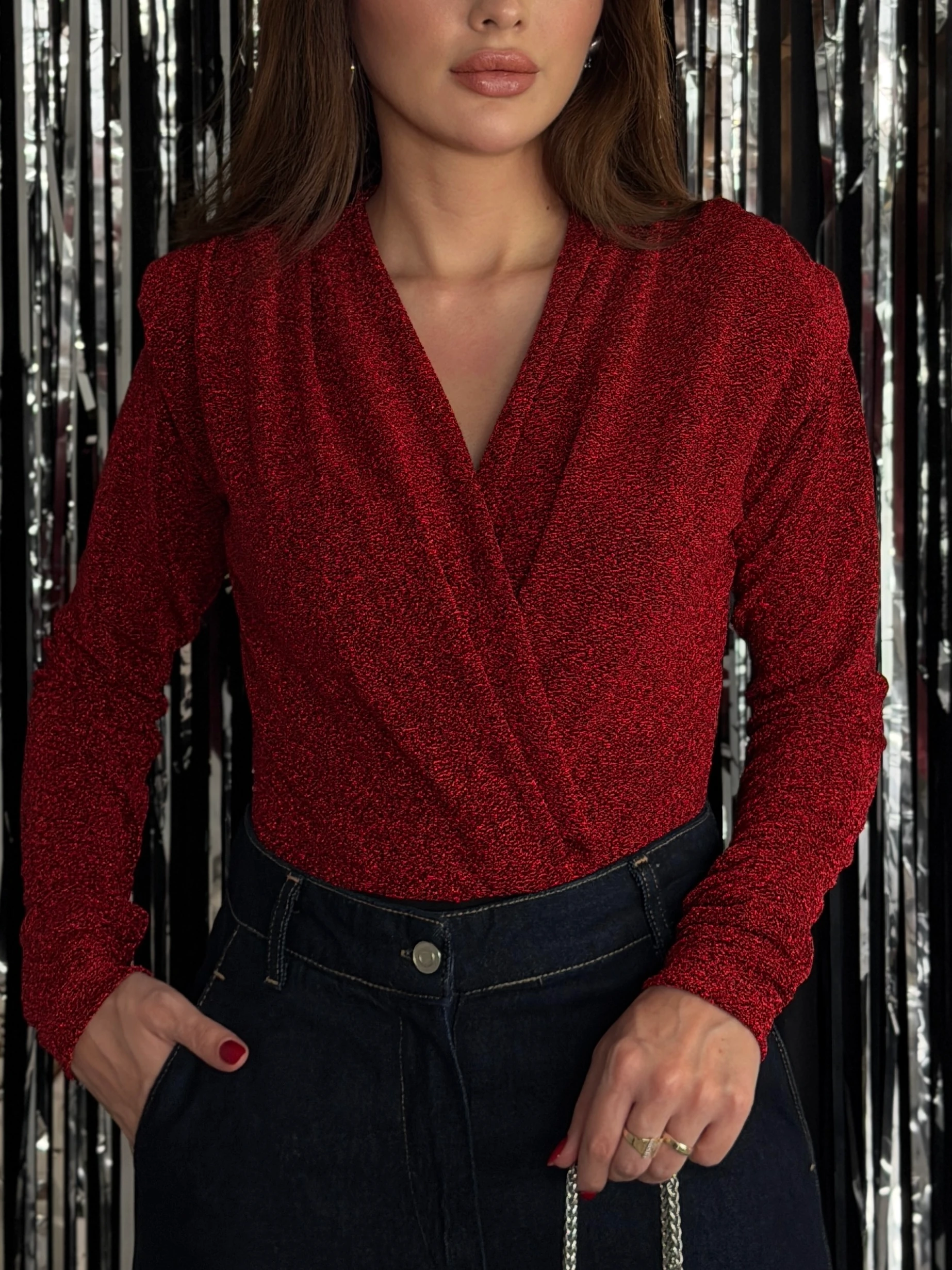 Vatkalı Kruvaze Yaka Işıltılı Çıt Çıtlı Bluz 