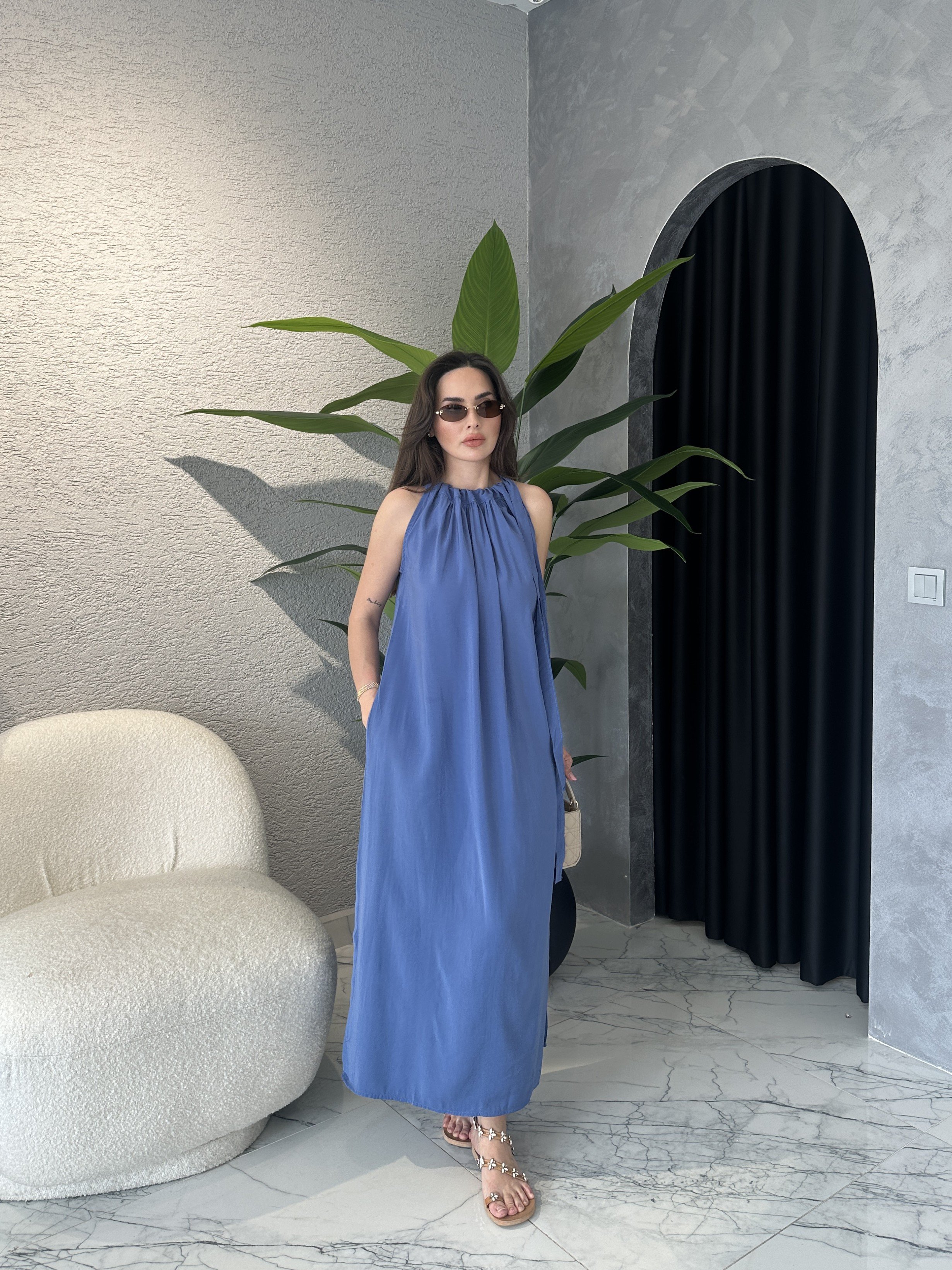Tencel Modal Boyundan Bağlamalı Elbise - İndigo