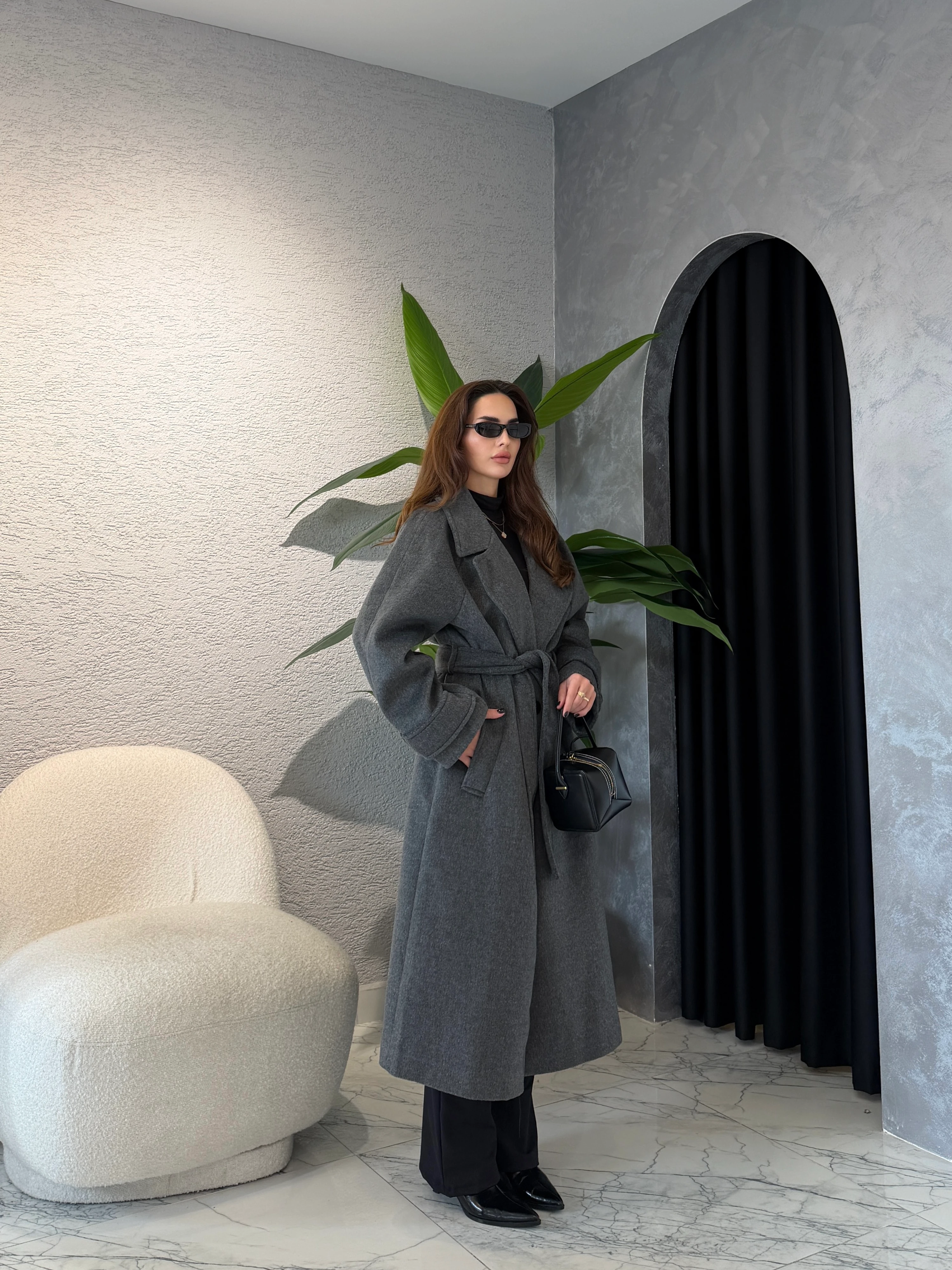 Kruvaze Yaka Kemerli Kaşe Uzun Kaban  - Antrasit