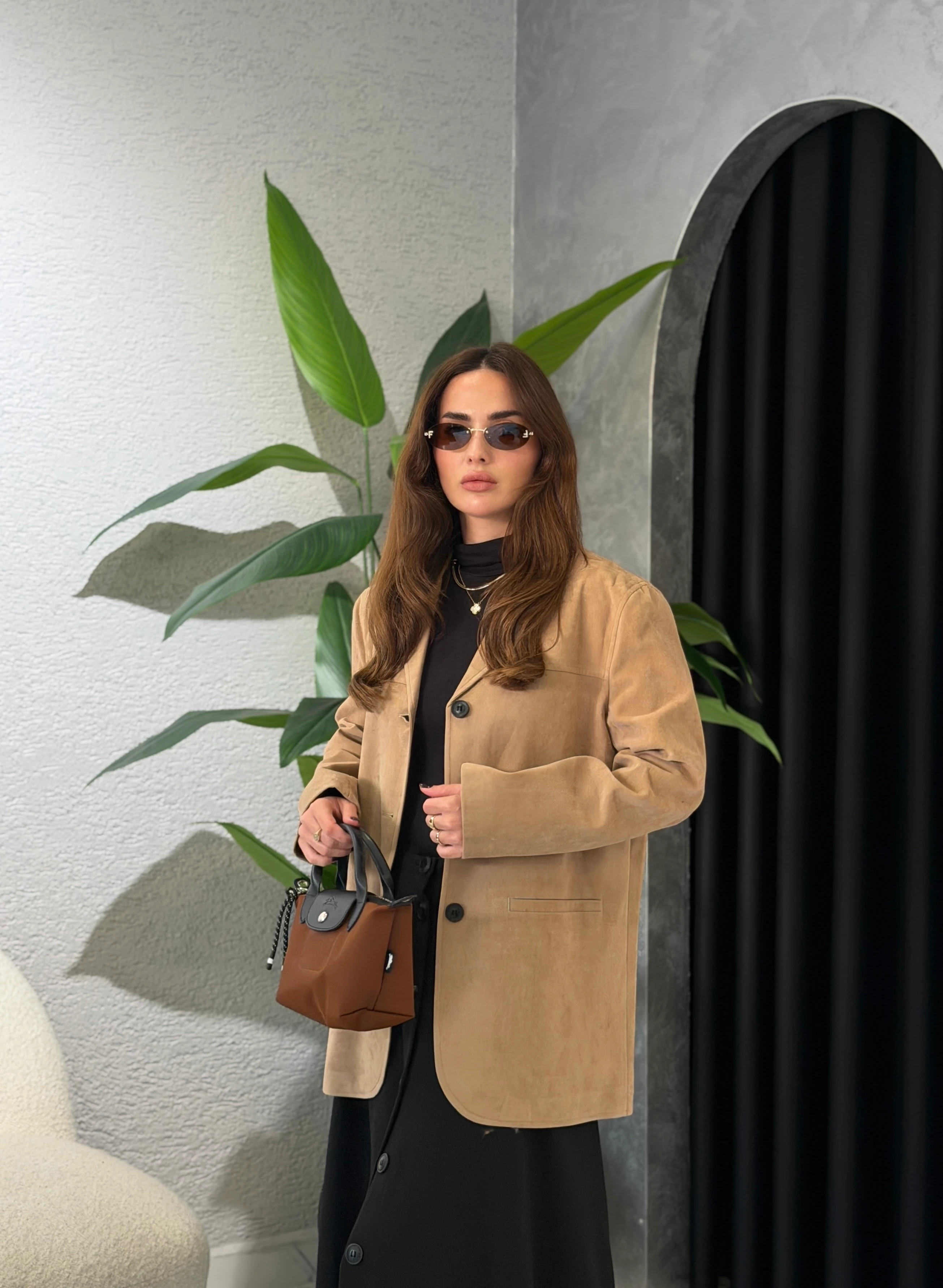 Premium Süet Blazer Ceket - Taş