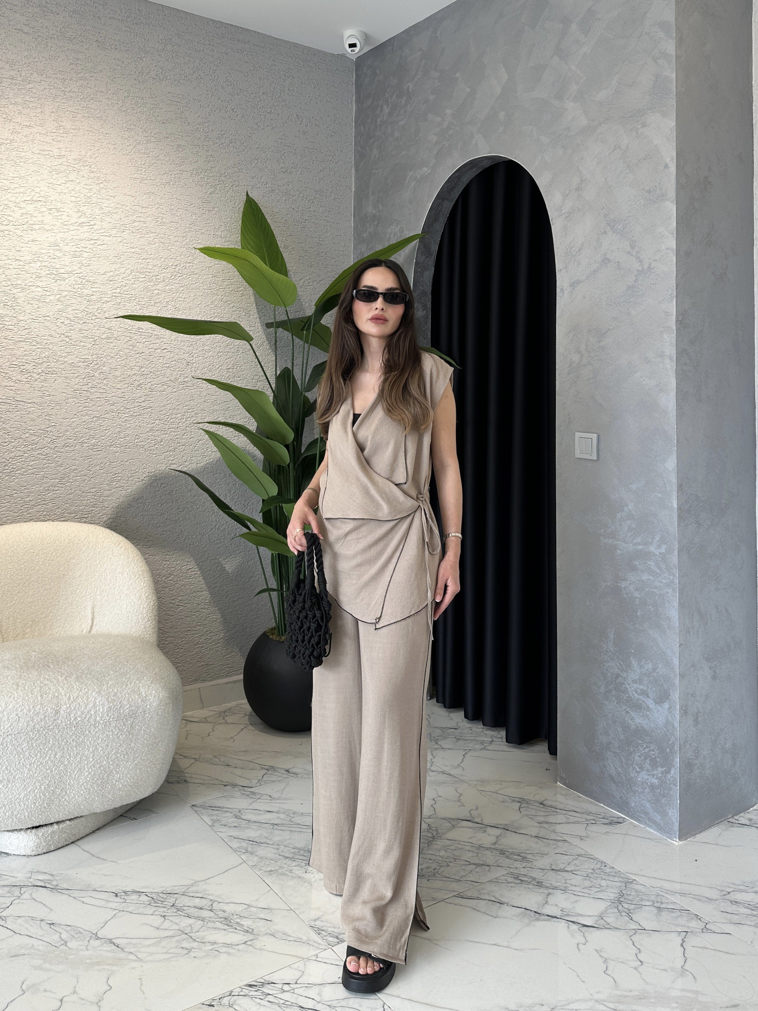 Yırtmaç Paça Keten Kimono Yelekli Takım - Vizon