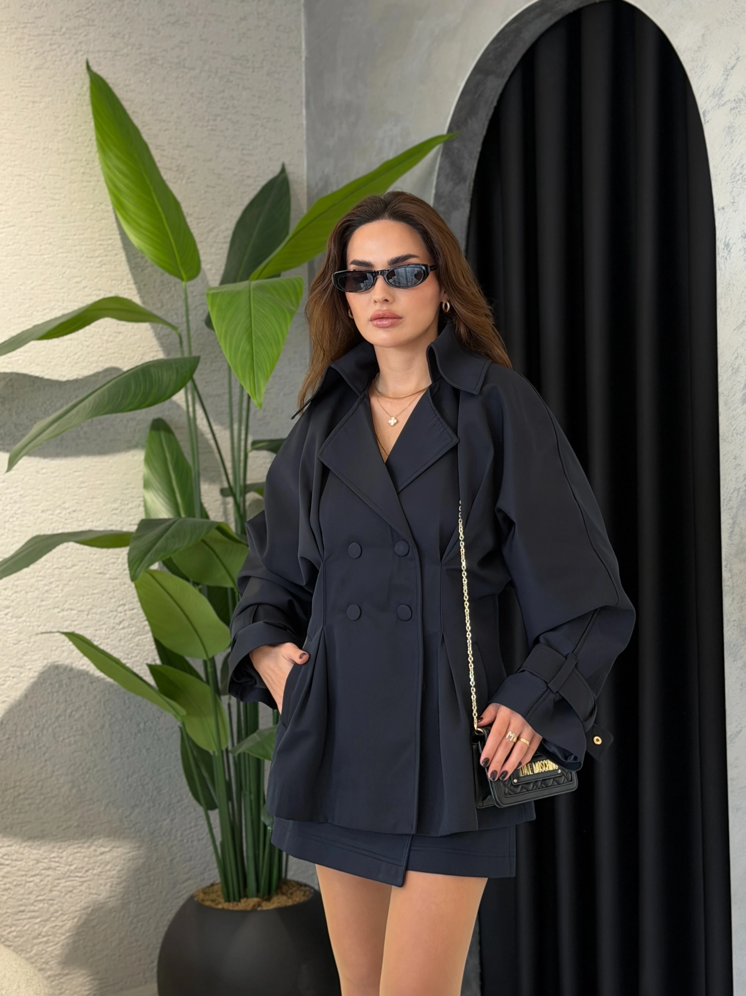 Belden Oturtmalı Pileli Çıt Çıt Düğmeli Ceket - Lacivert