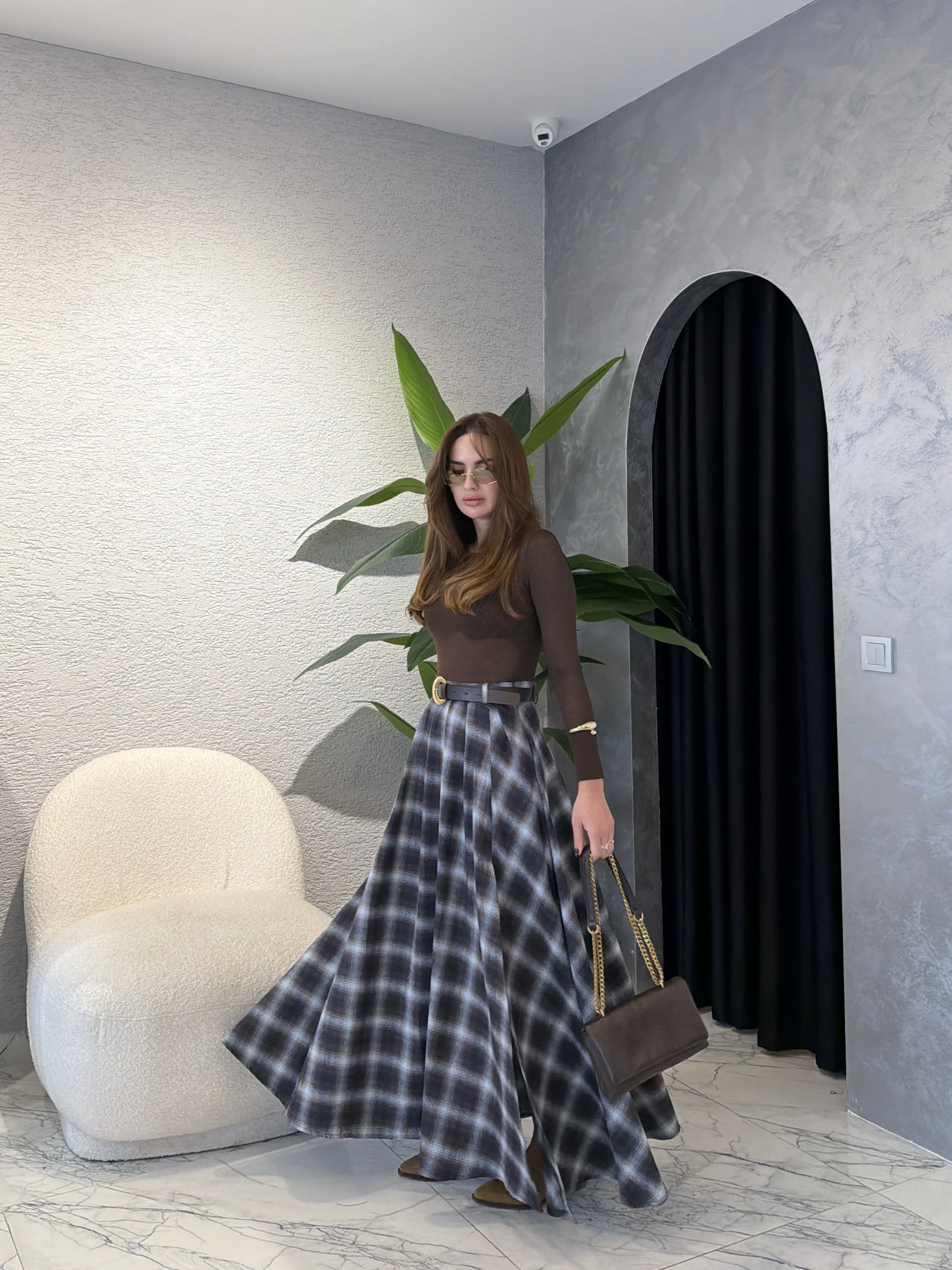 Ekose Desenli Yırtmaç Detay Kemerli  Etek