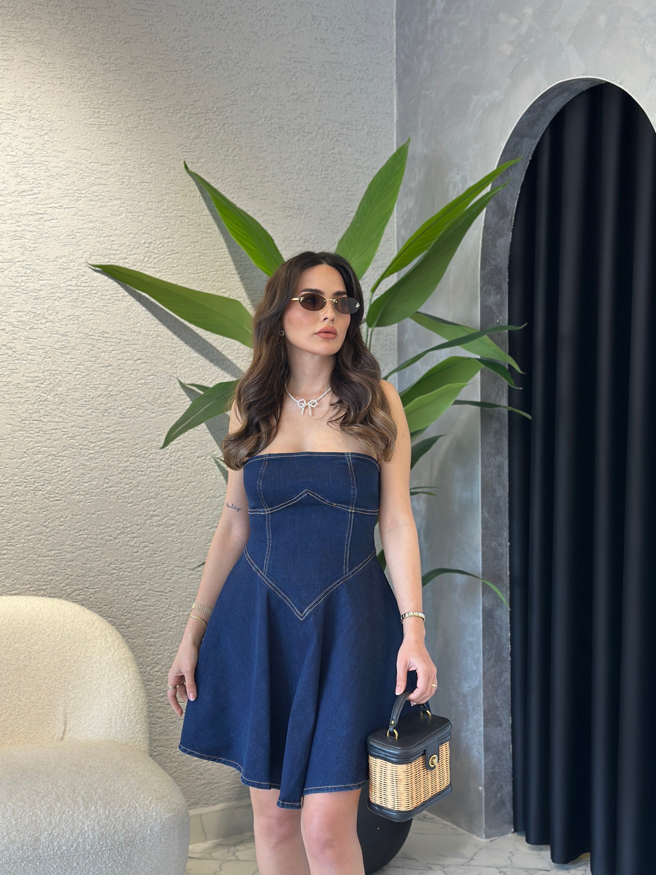 Denim Straplez Kısa Çan Elbise