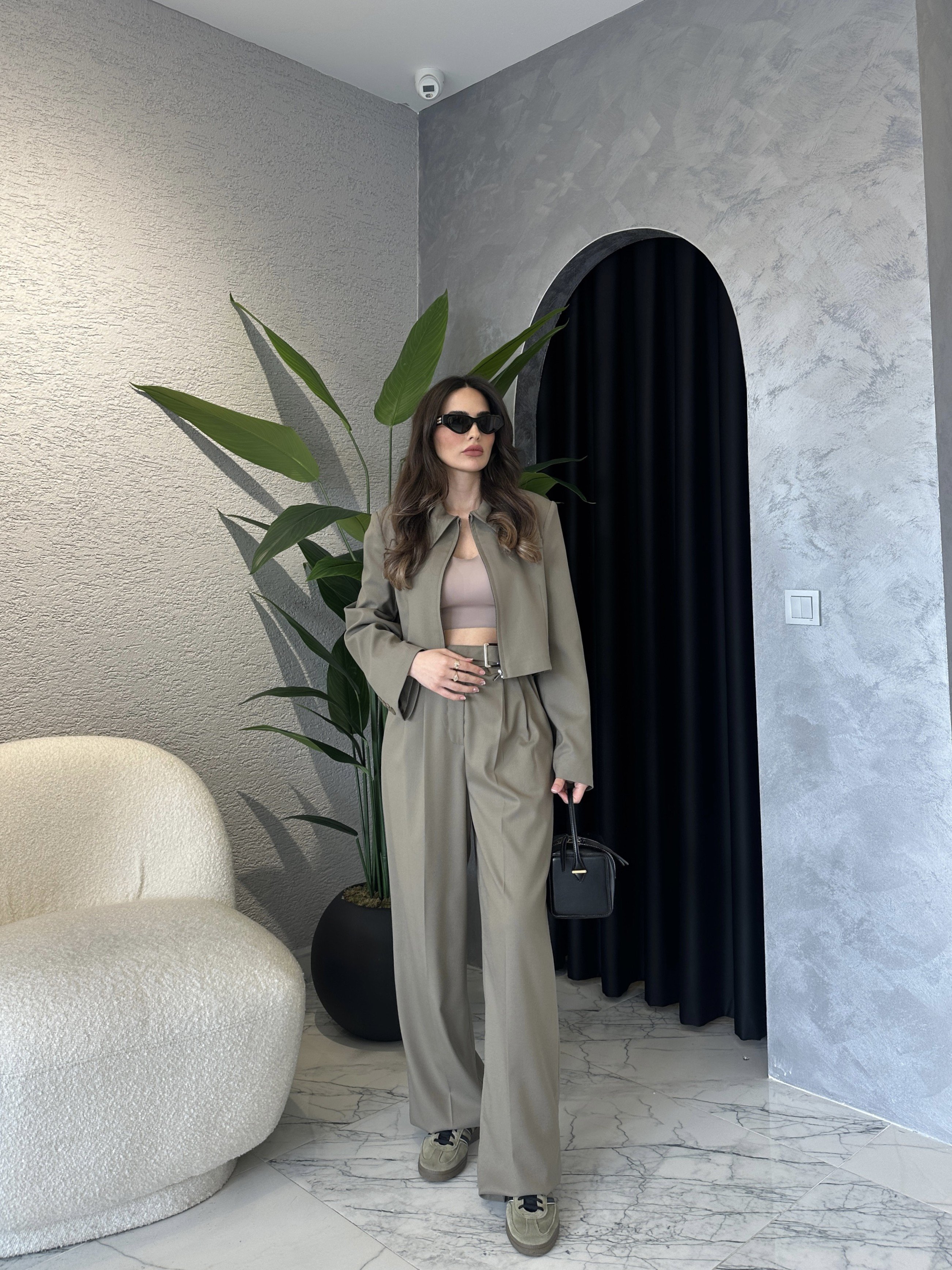 Fermuar Detay Crop Ceketli Premium Takım - Haki