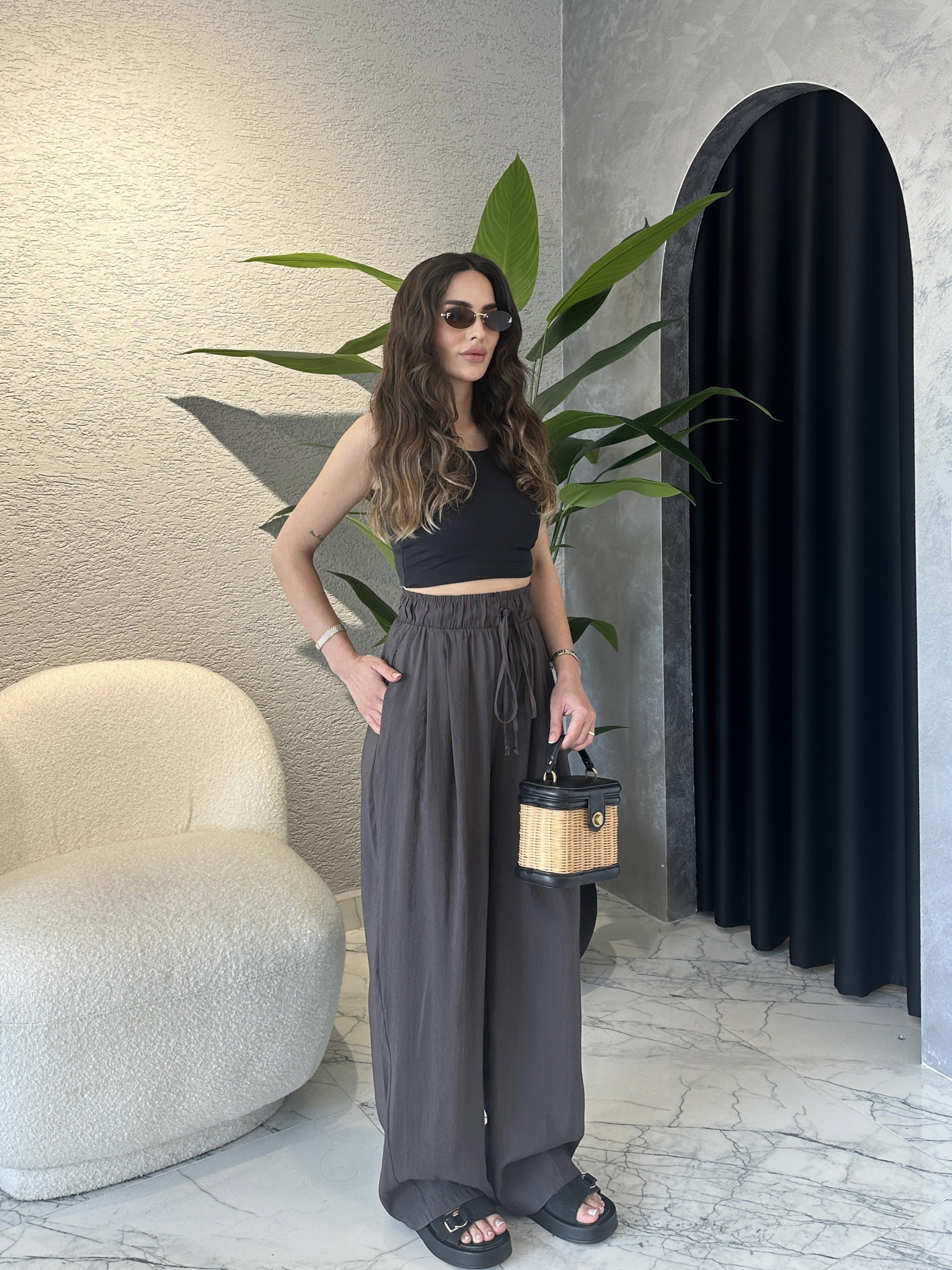 Tencel Modal Kumaş Pileli Dökümlü Pantolon - Kahve