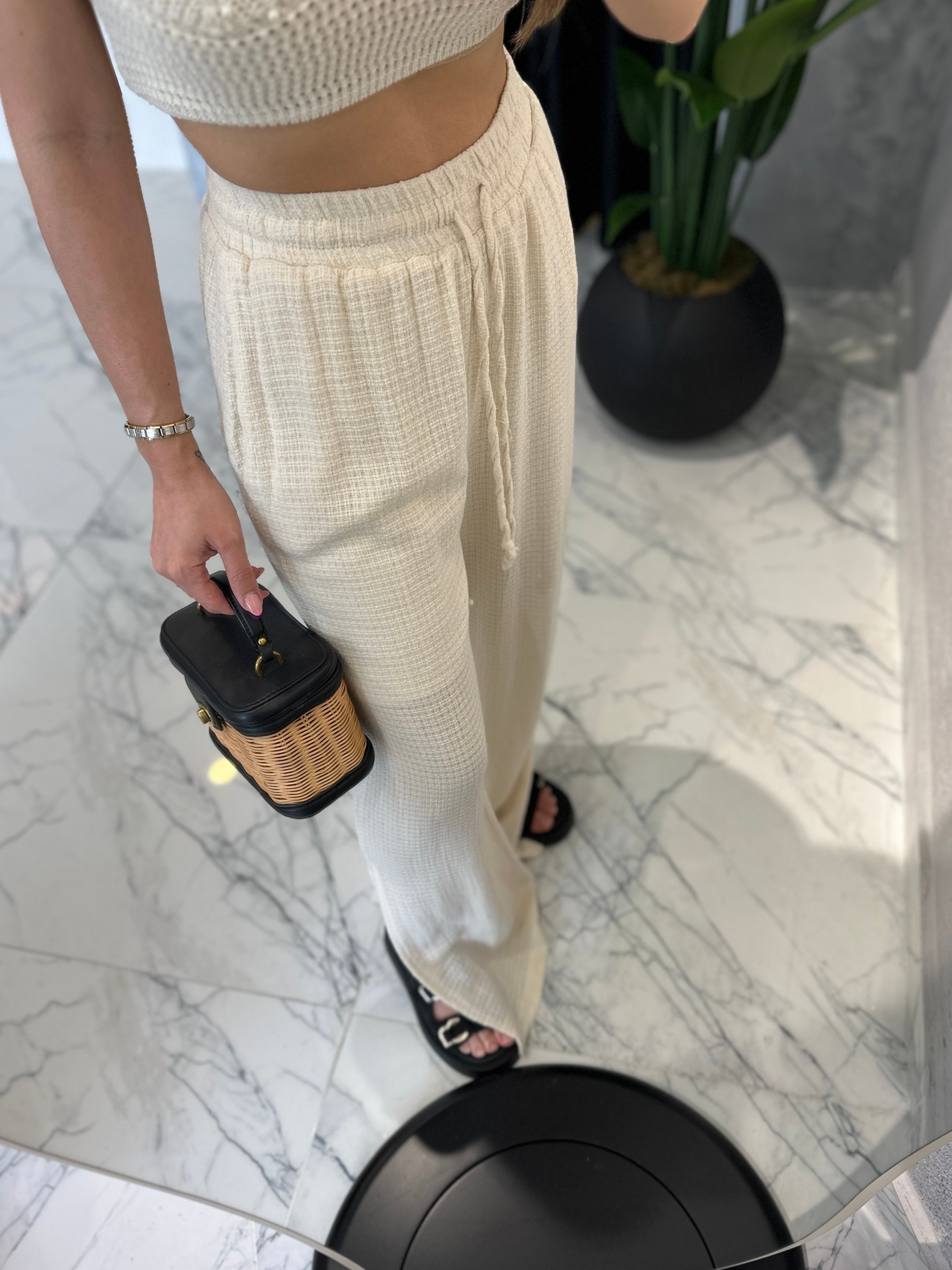 İnci Detay Büstiyer Yırtmaç Paça Pantolon Beachwear Örme Takım