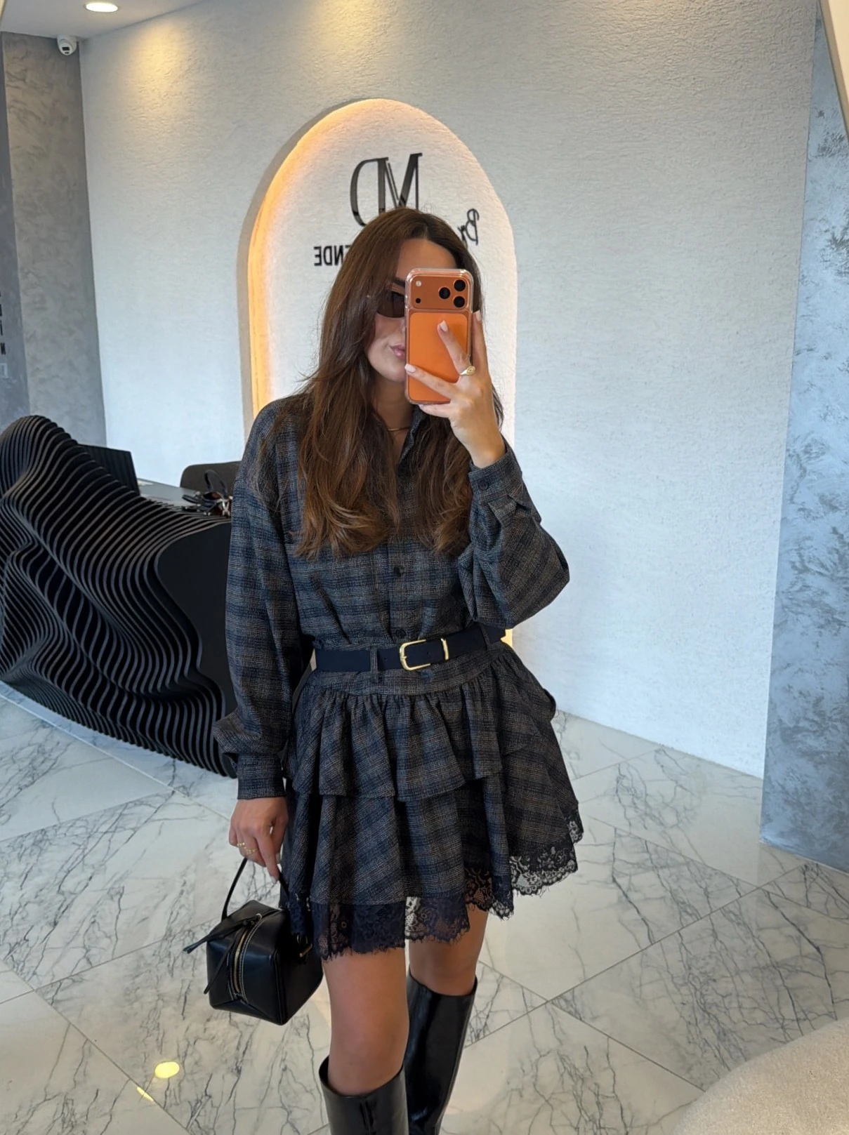 Lacivert Ekose Desenli Kemerli Etek Gömlek Takım 