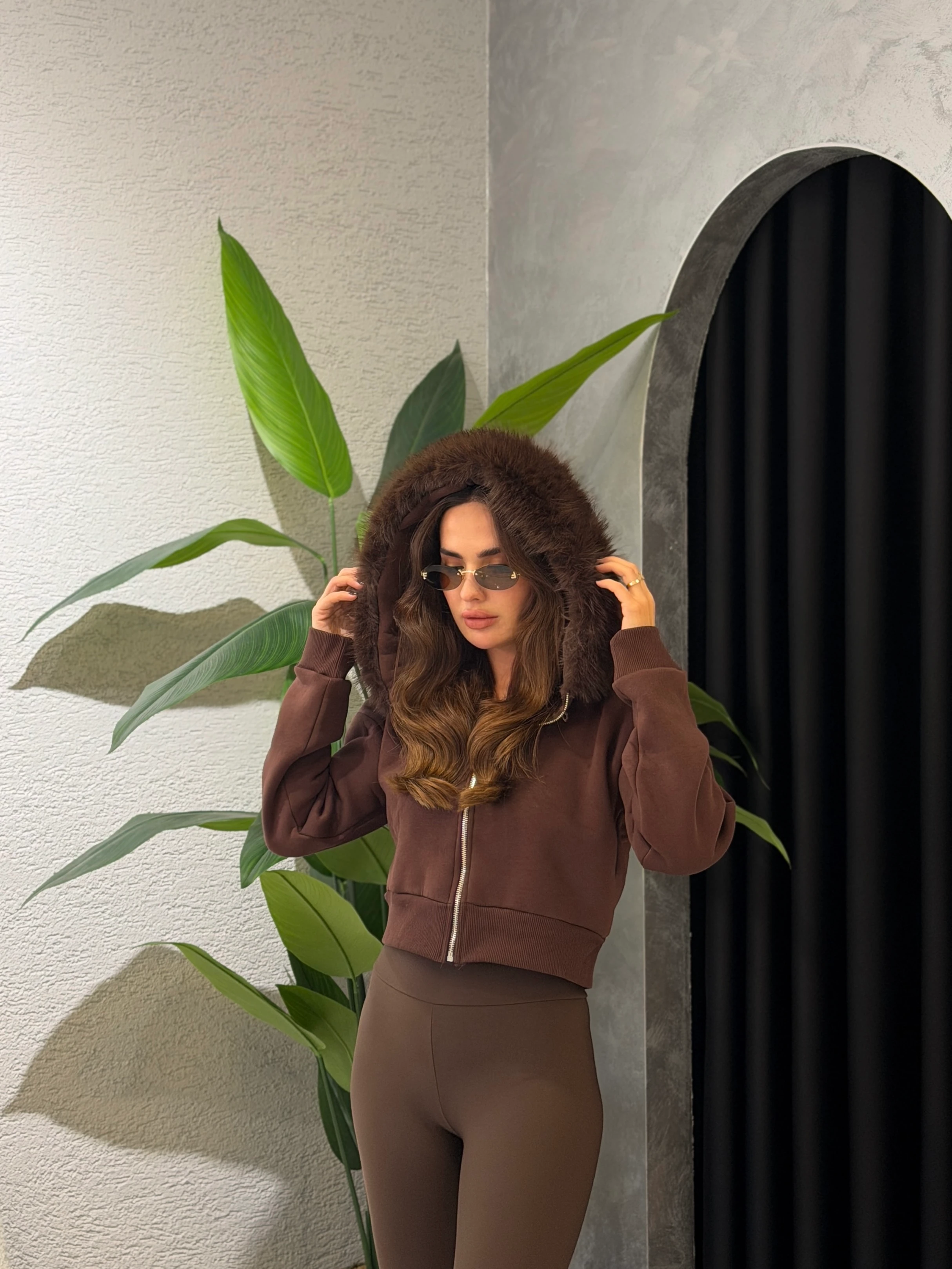 Kürk Detay İçi Şardonlu Kapüşonlu Hırka