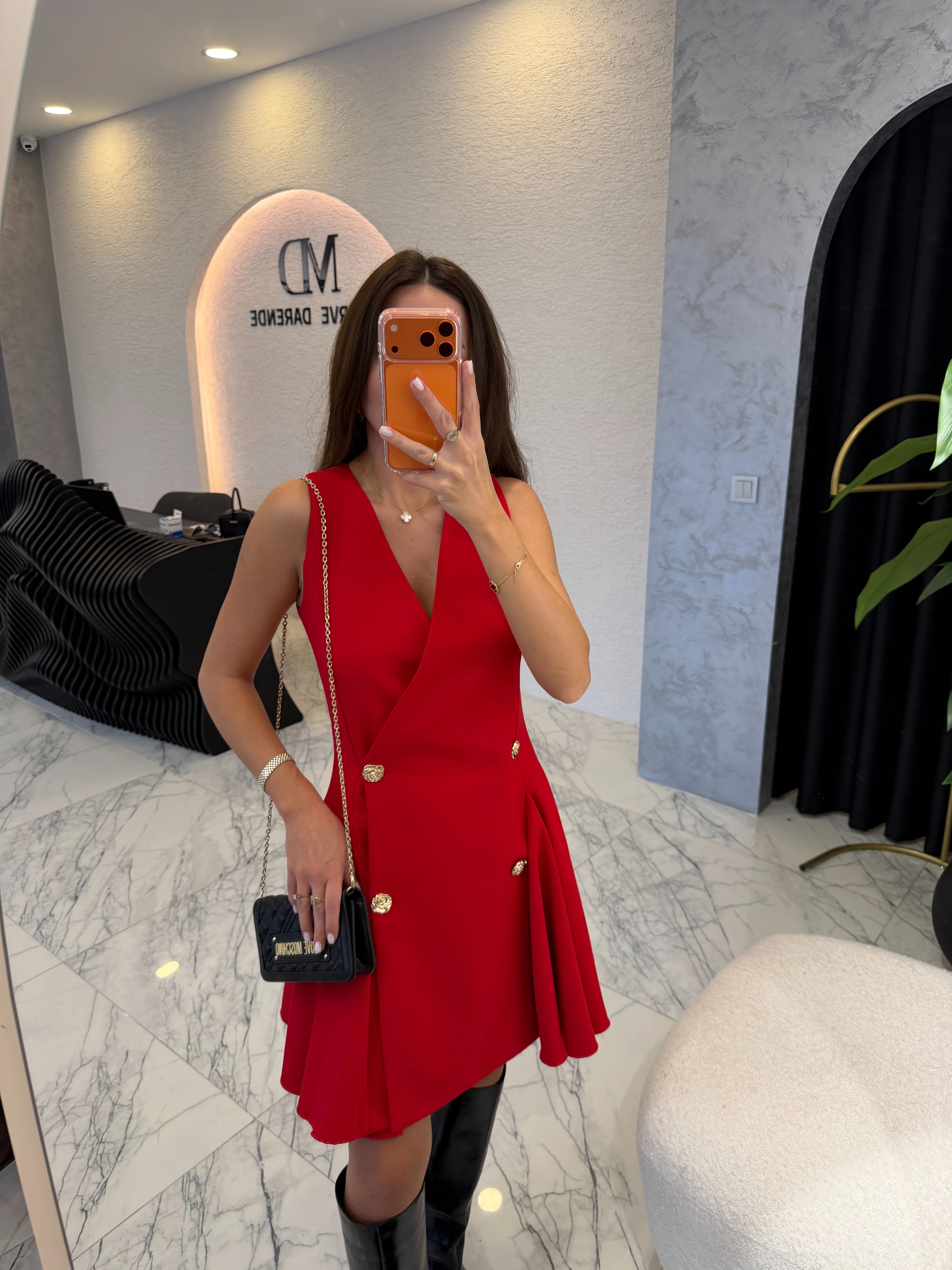 Gold Düğmeli Kruvaze Volanlı Kısa Elbise