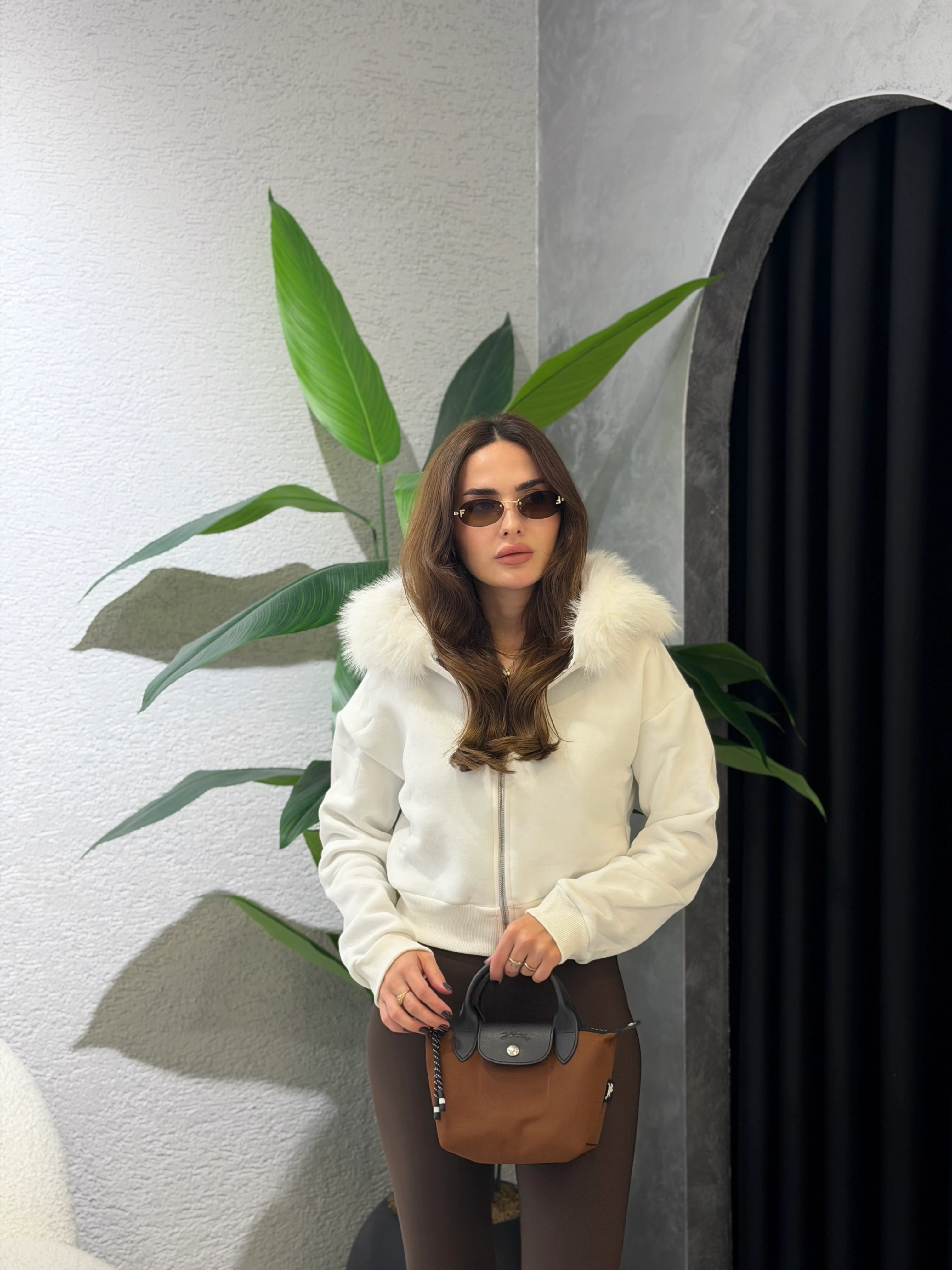 Kürk Detay İçi Şardonlu Kapüşonlu Hırka - Ekru