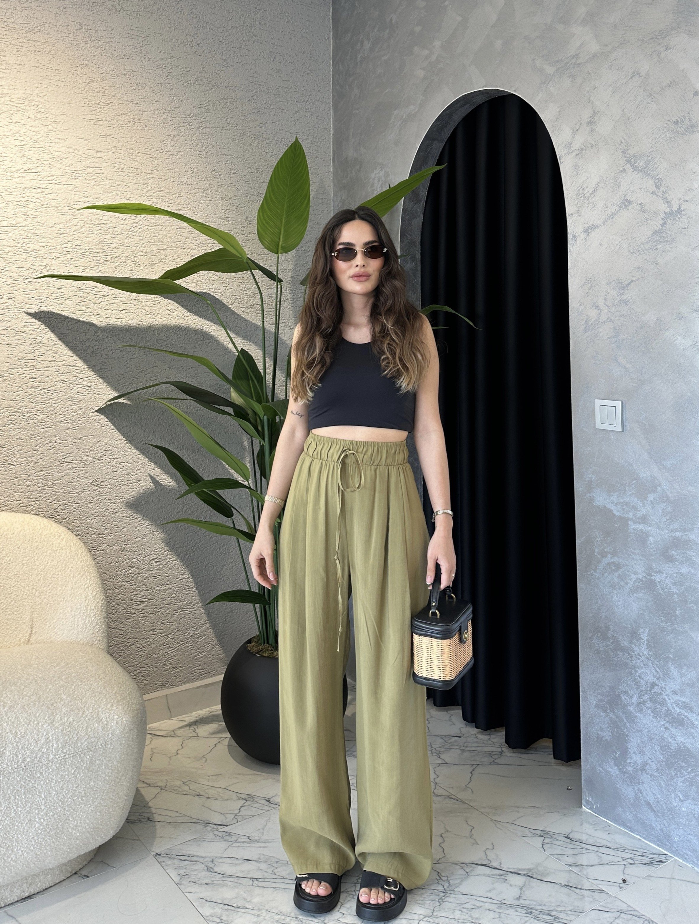 Tencel Modal Kumaş Pileli Dökümlü Pantolon - Haki