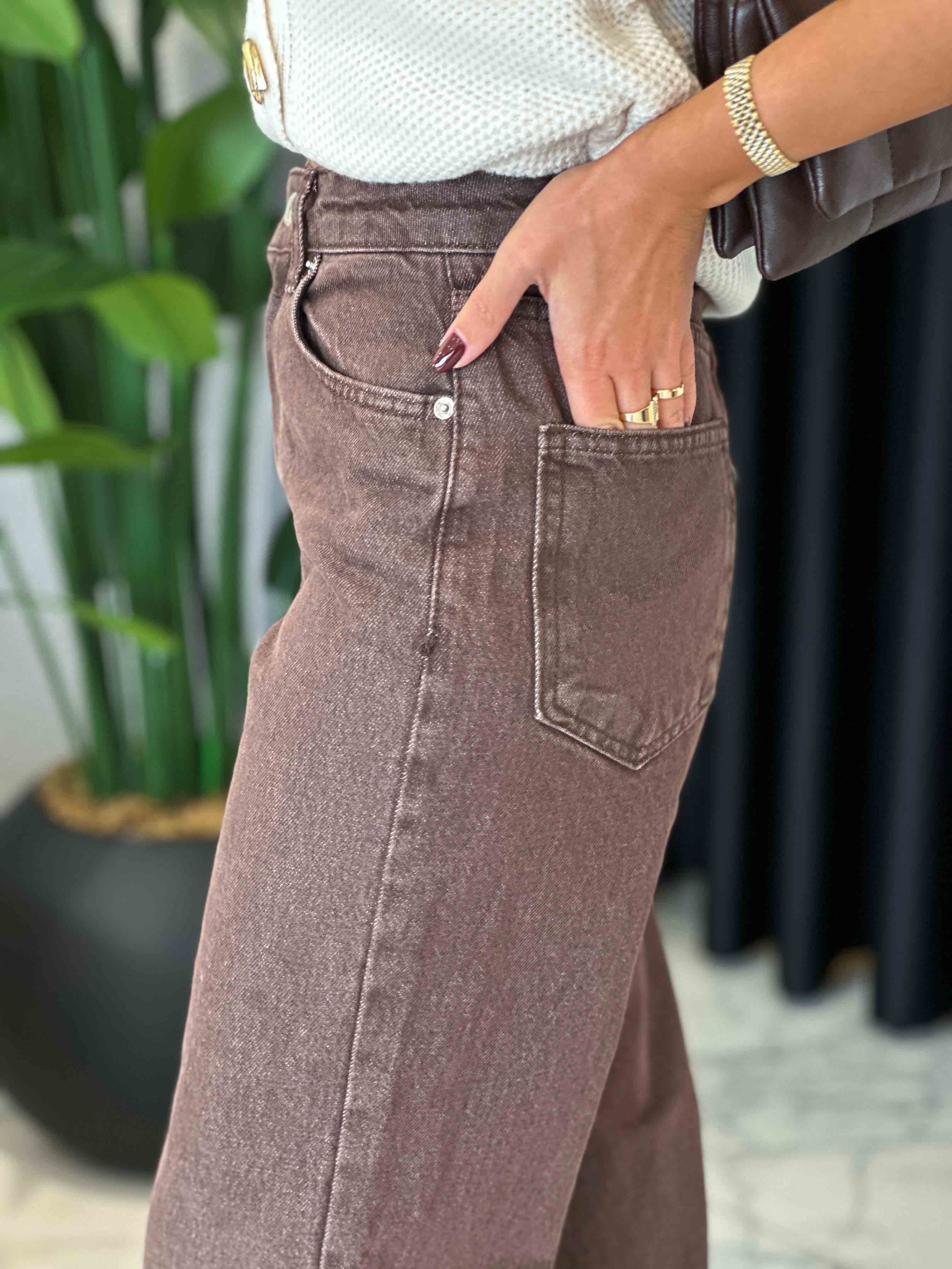 ZR Model Kahverengi Yüksek Bel Wide Leg Jean 