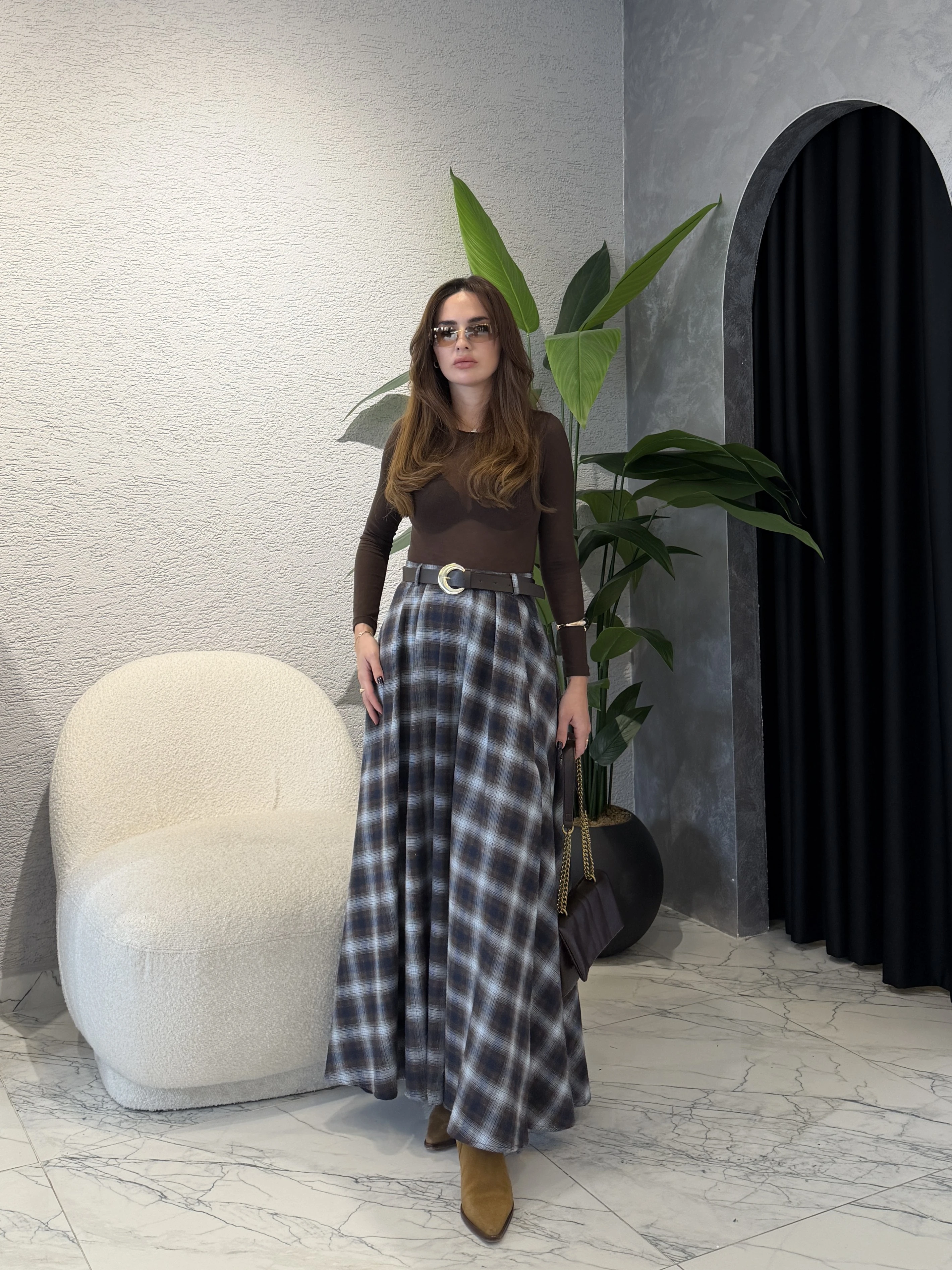 Ekose Desenli Yırtmaç Detay Kemerli  Etek