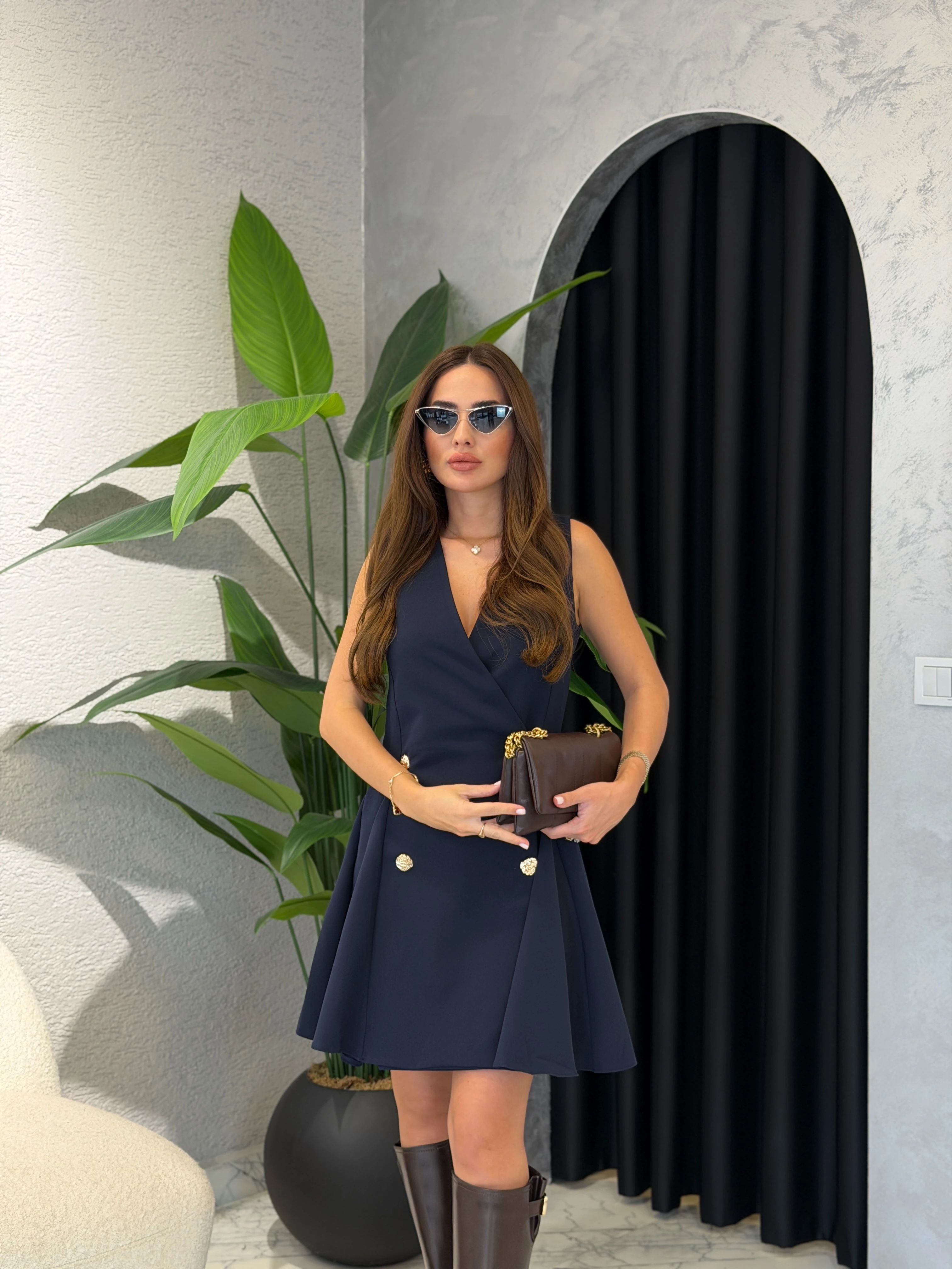 Gold Düğmeli Kruvaze Volanlı Kısa Elbise - Lacivert