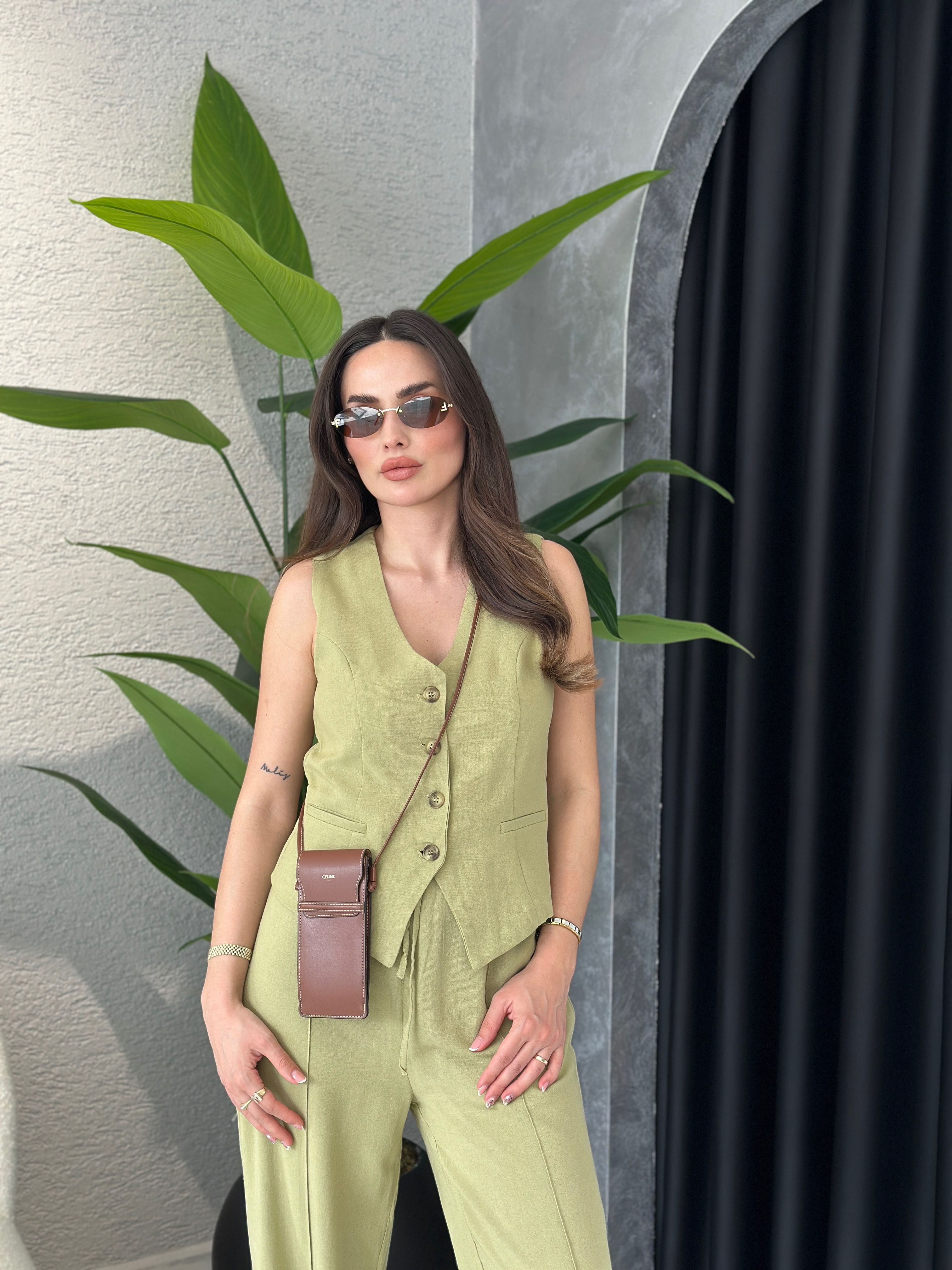 %100 Keten Yelek Pantolon Takım
