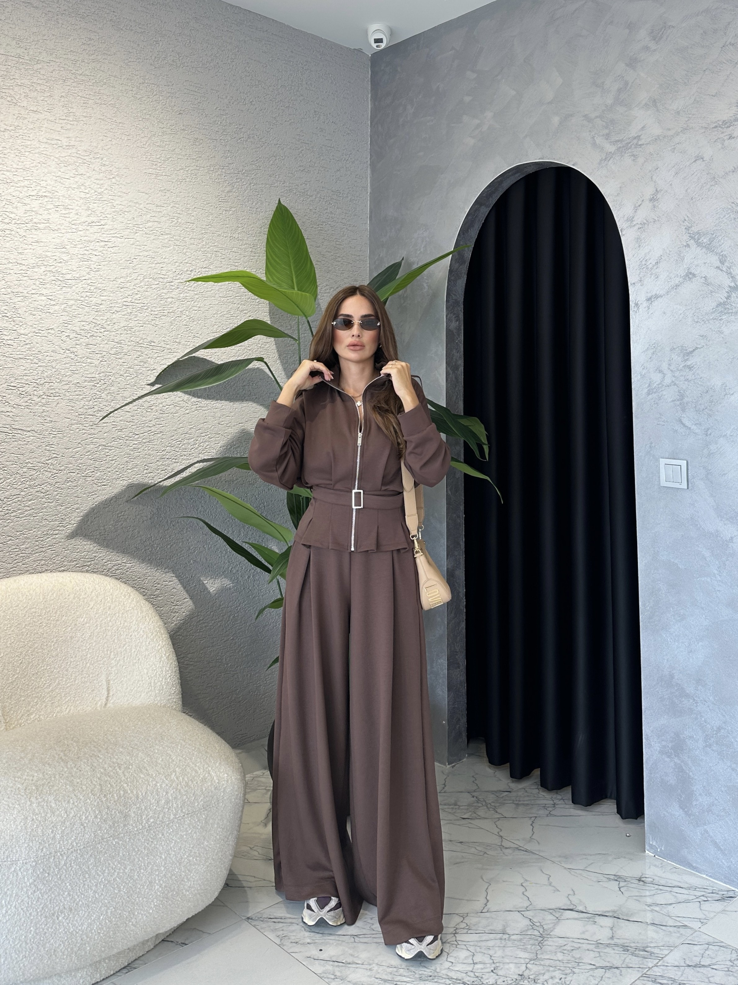 Kemer Detay Hırkalı Modal Takım - Acı Kahve