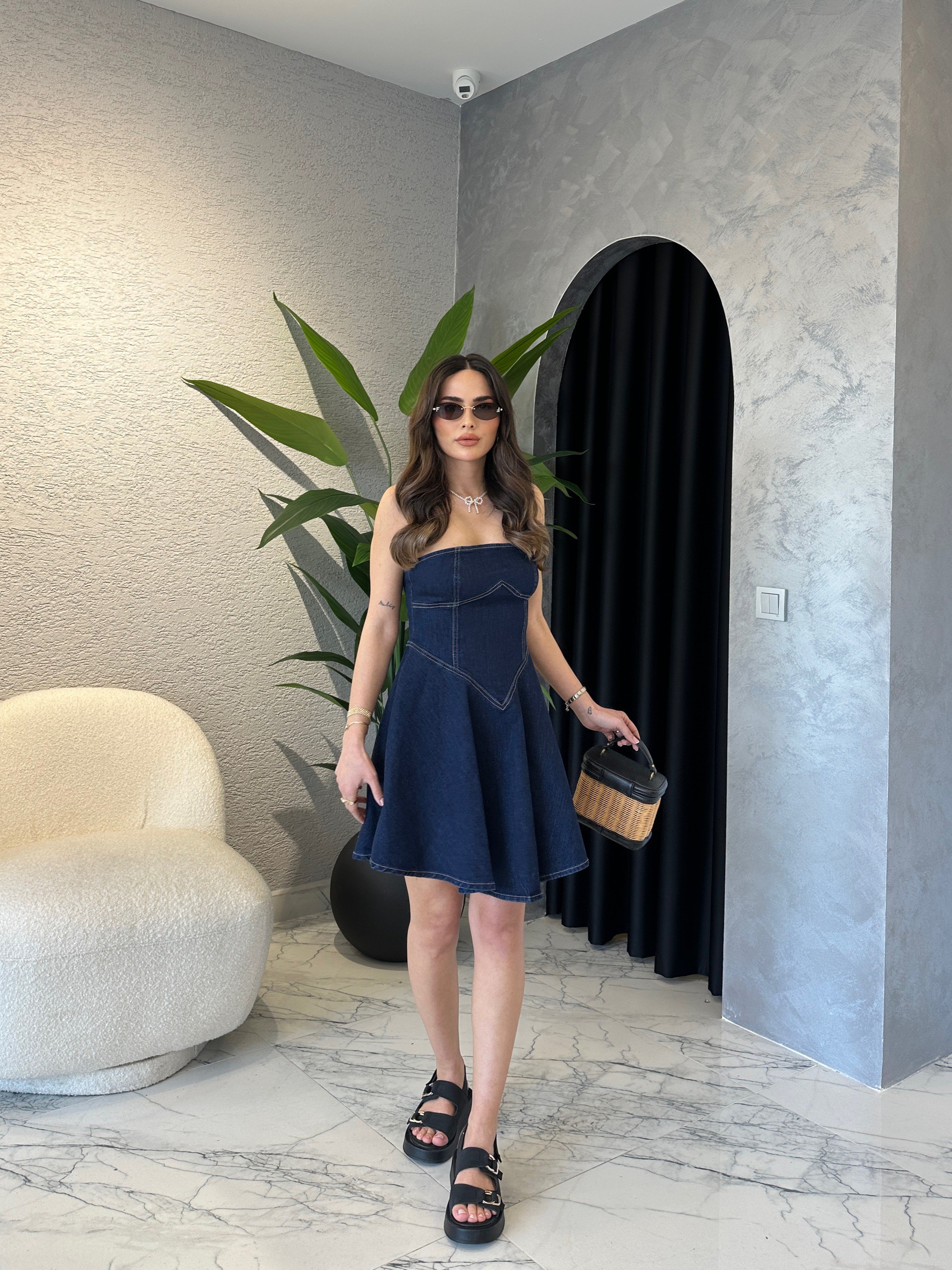 Denim Straplez Kısa Çan Elbise